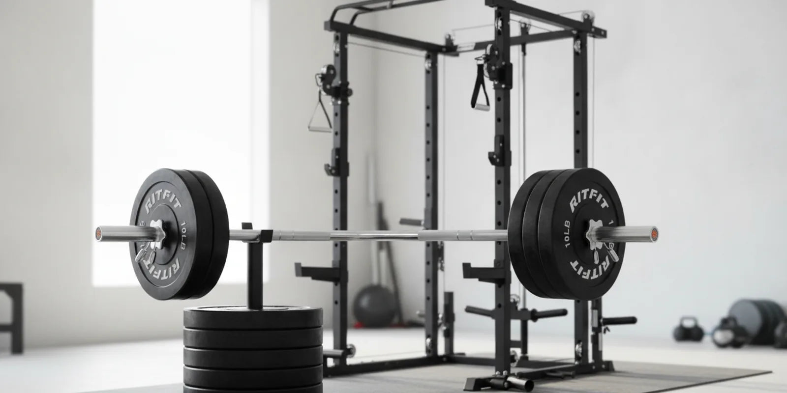 RitFit 7ft Olympic barbell in a landmine training setup with black bumper plates next to a power cage