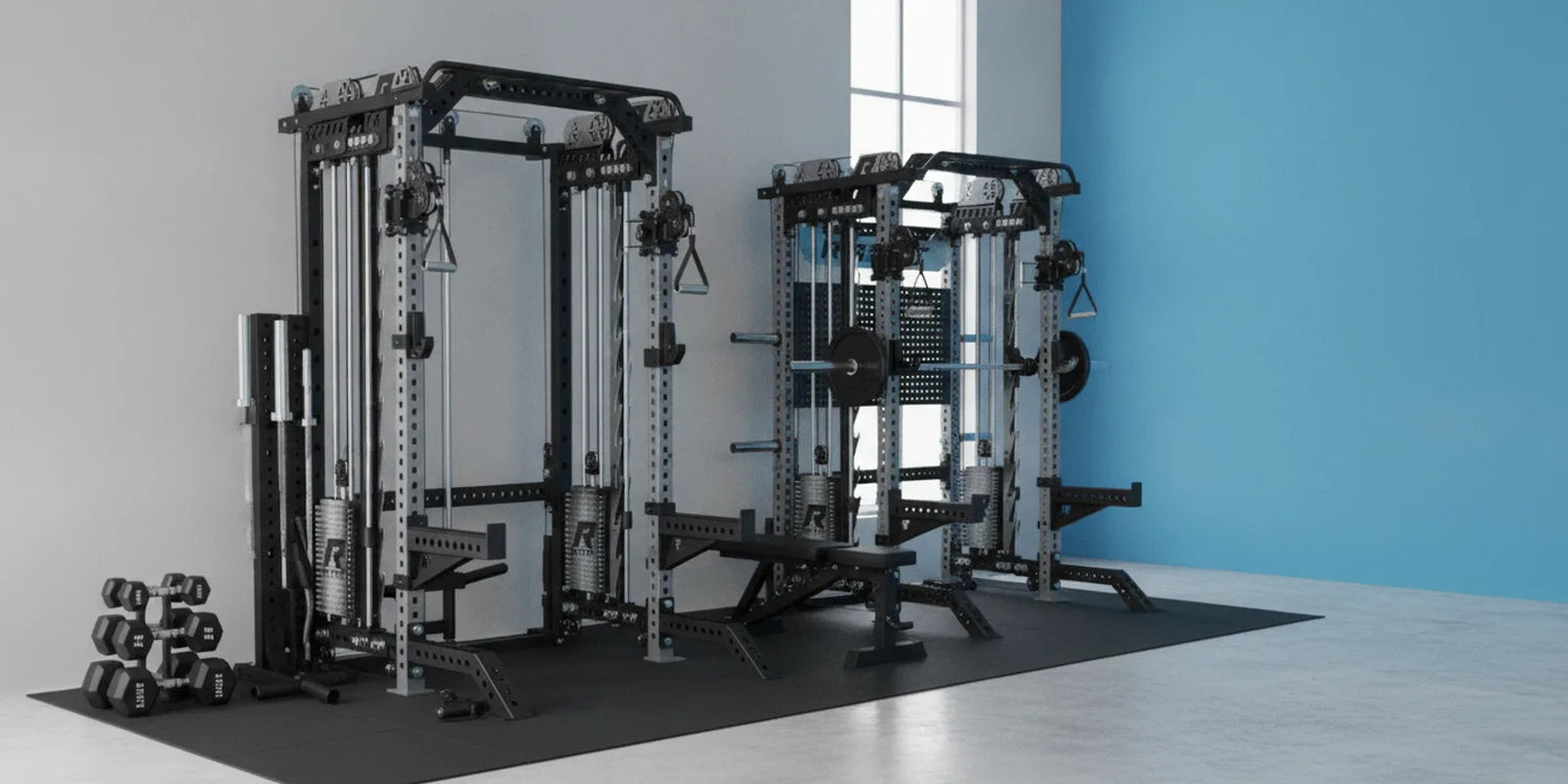 RitFit folding power rack with cable pulley system in a compact home gym