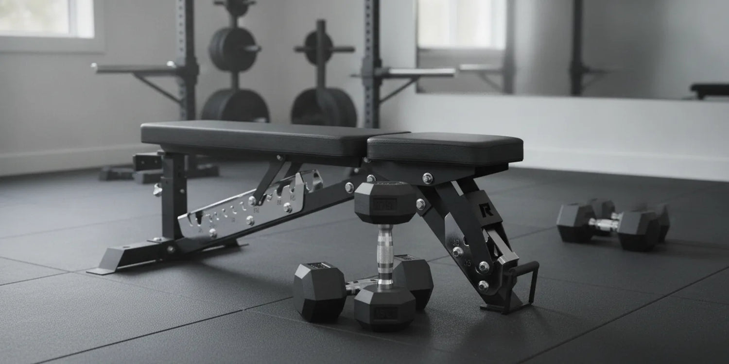 RitFit hex rubber dumbbells and adjustable weight bench for hamstring and quad workouts at home