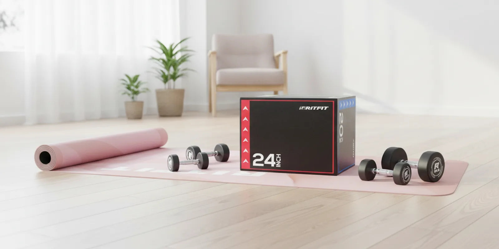 Bright family home workout space with RitFit yoga mat, soft plyo box, and light dumbbell pairs for kids and adults