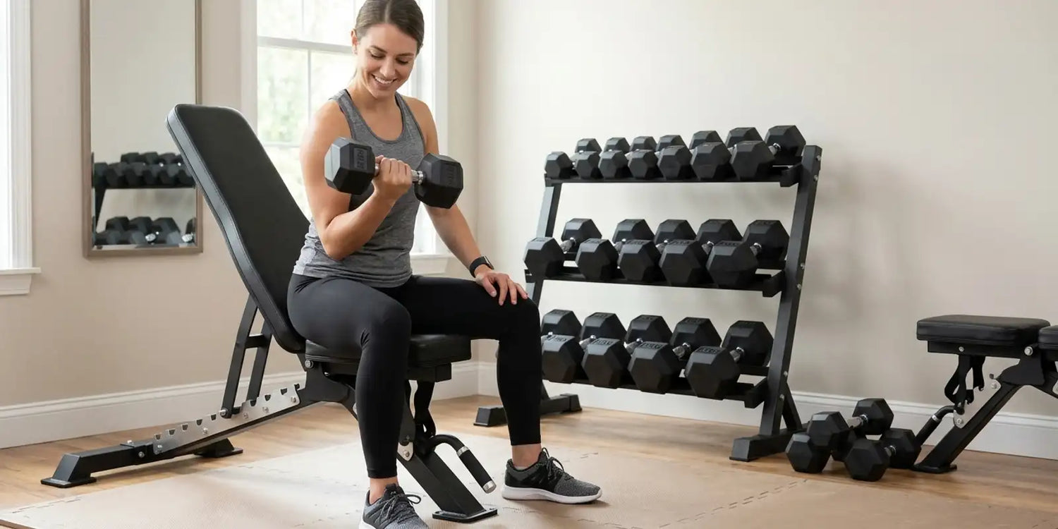 Woman training with adjustable dumbbells and a weight bench in a home gym