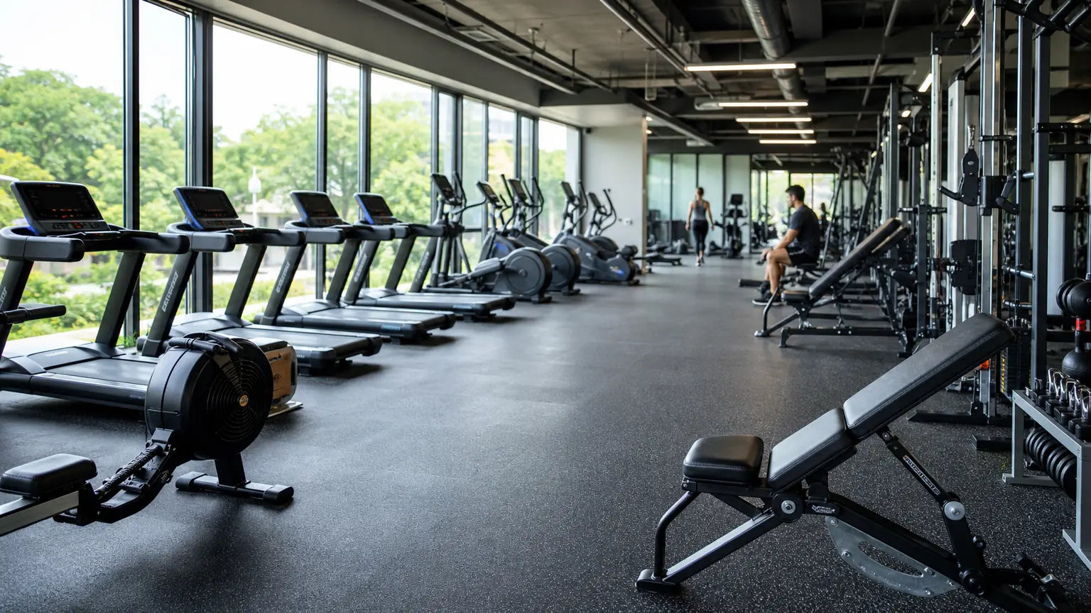 Bright modern gym interior with cardio and strength stations