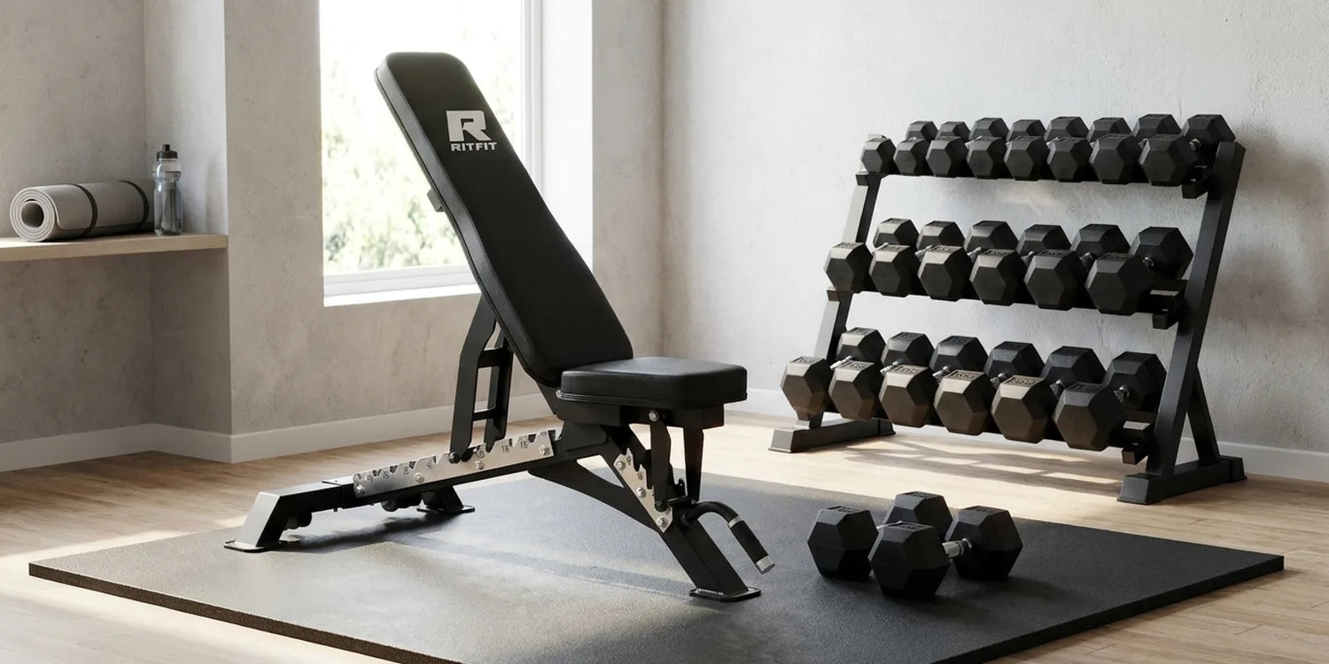 Best Dumbbell Chest Exercises for Women with hex rubber dumbbells and a rack