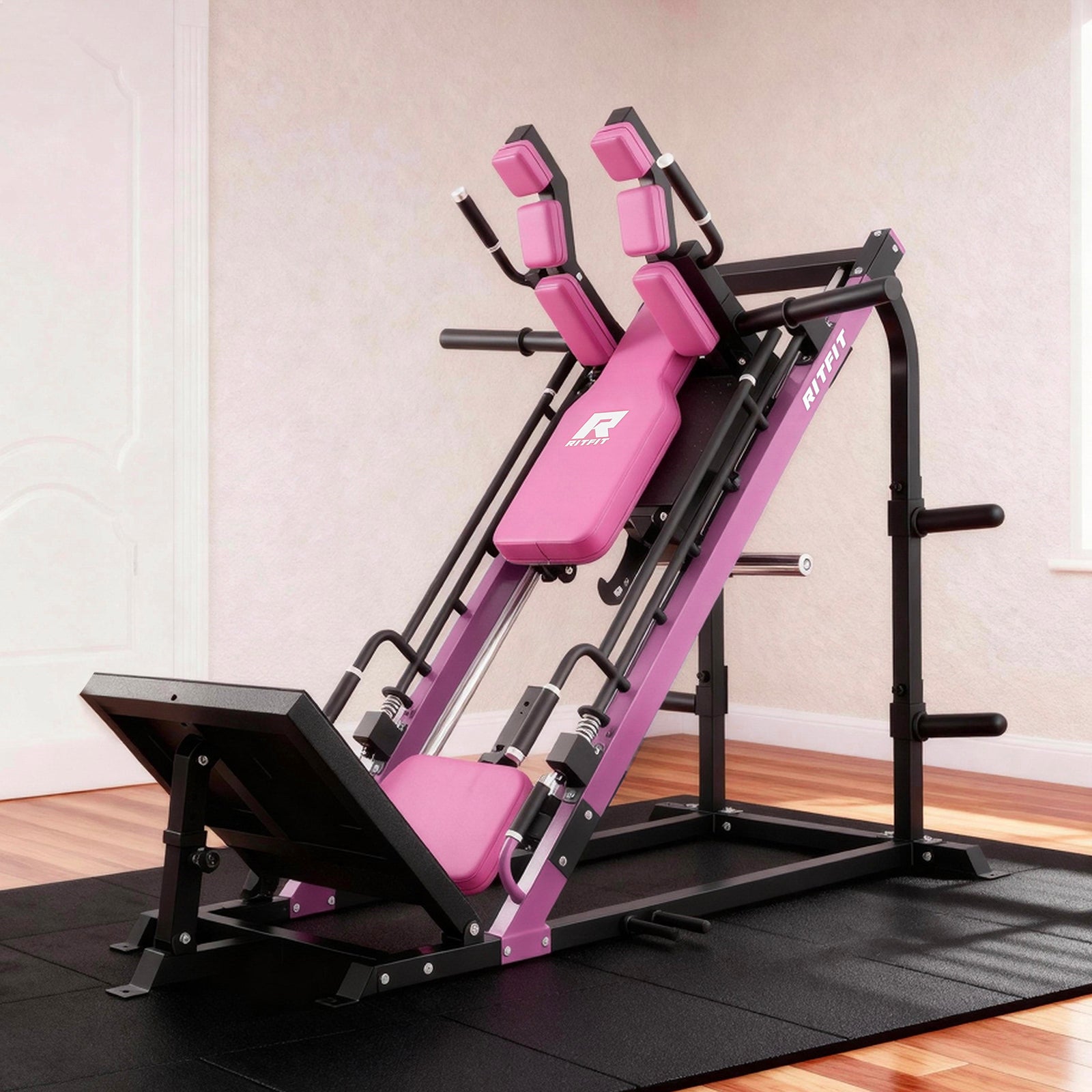 RitFit GAZELLE 3-in-1 Leg Press and Hack Squat Machine for home gym strength training, showing the assembled equipment with padded supports.