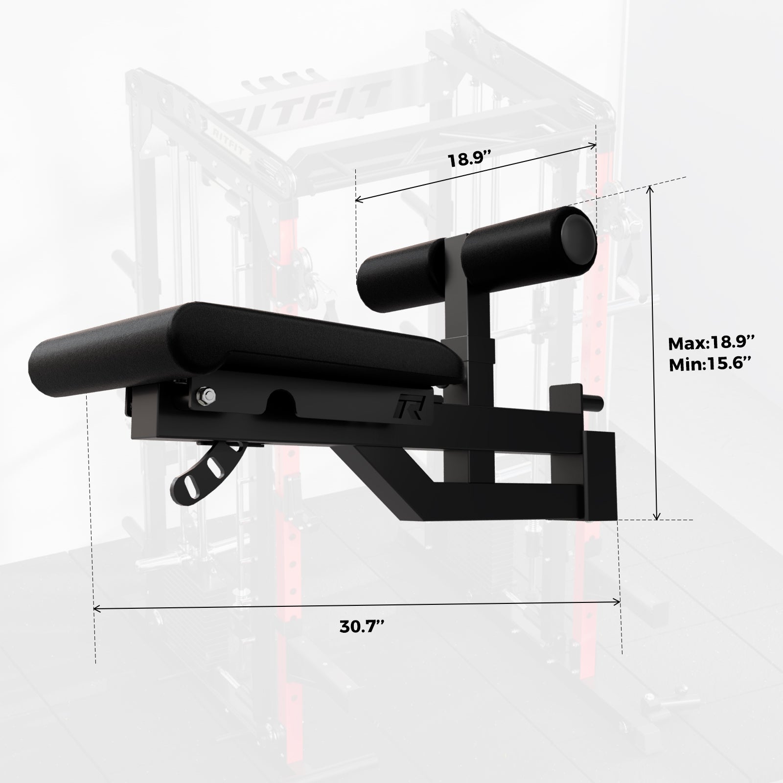 RitFit ASM2 adjustable leg hold-down attachment with seat for M2 fitness equipment, showing padded support and attachment points.