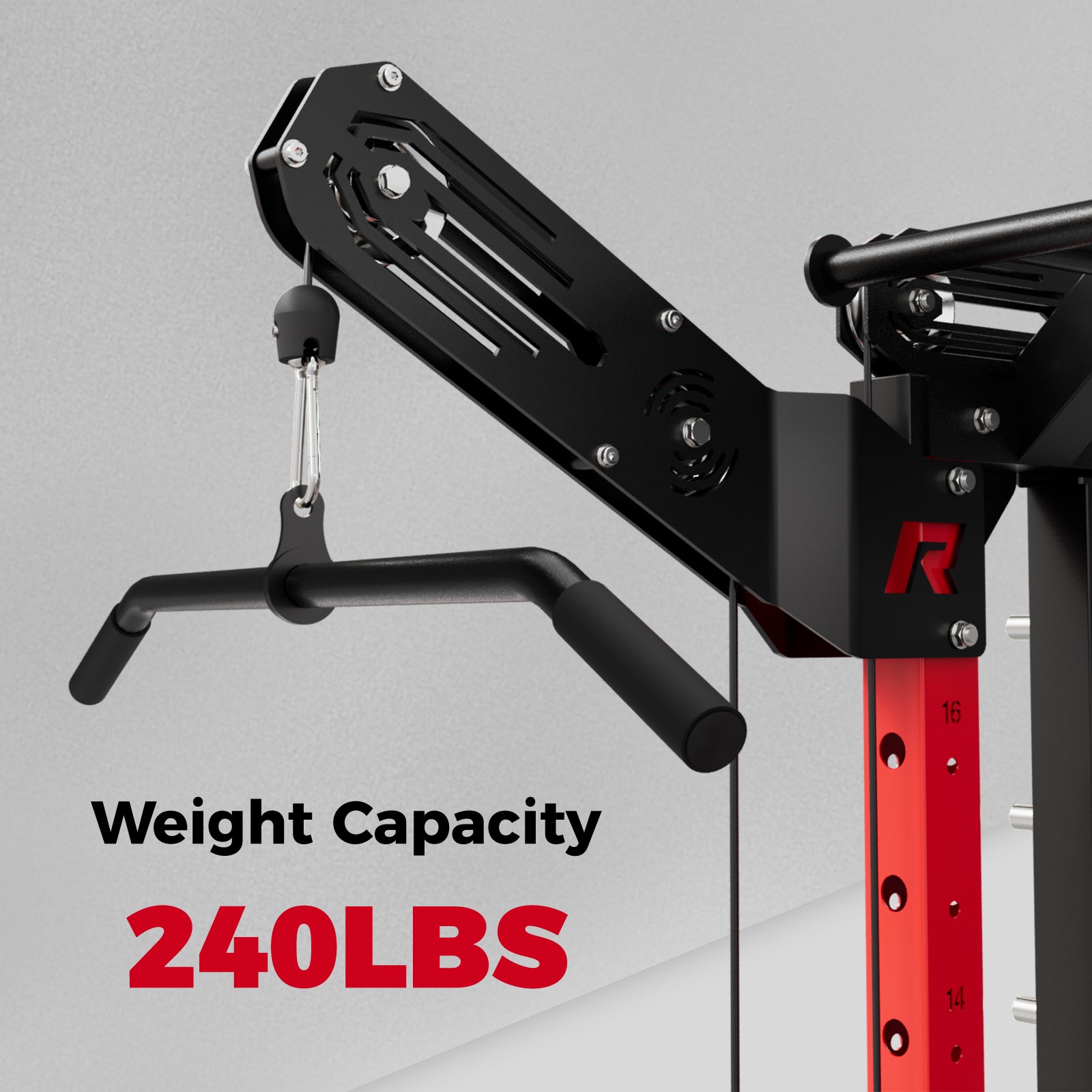 RitFit LPM2 high row pulldown attachment for M2 gym equipment, shown attached with handles for strength training exercises.