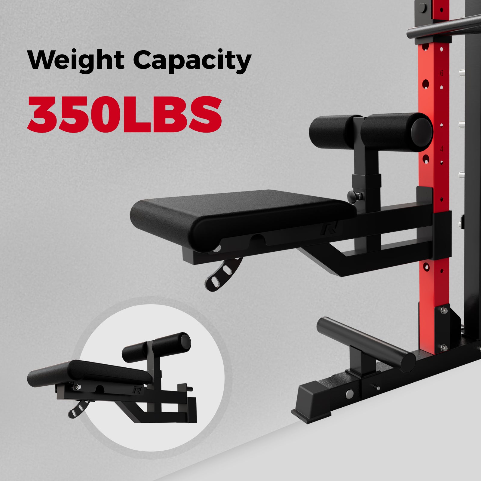 RitFit ASM2 adjustable leg hold-down attachment with seat for M2 gym equipment, featuring padded supports and secure straps.