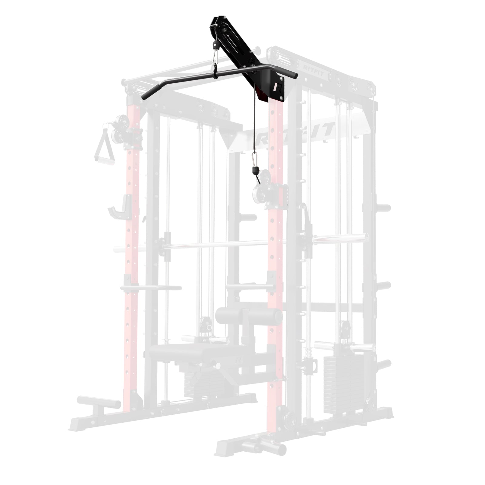 RitFit LPM2 High Row Pulldown attachment for M2 gym equipment, shown in black with textured grip handles.