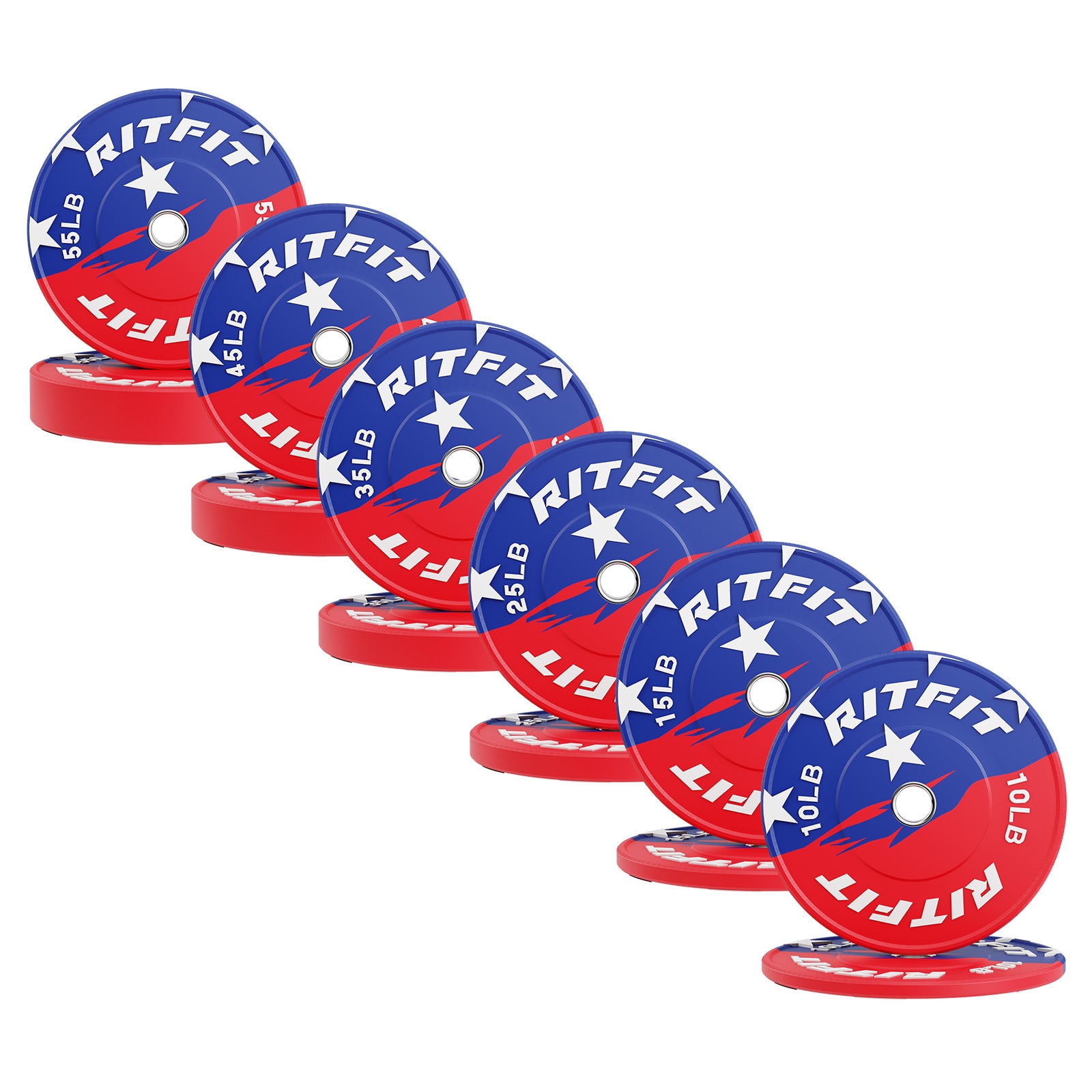 RitFit patriotic color bumper plates in 2-inch size, showing vibrant red, white, and blue weight plates for strength training.