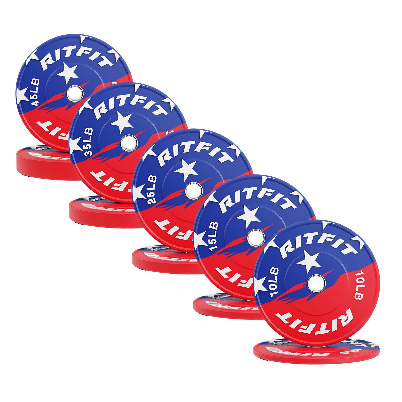 RitFit patriotic color 2-inch bumper weight plates with red, white, and blue design for strength training and weightlifting.