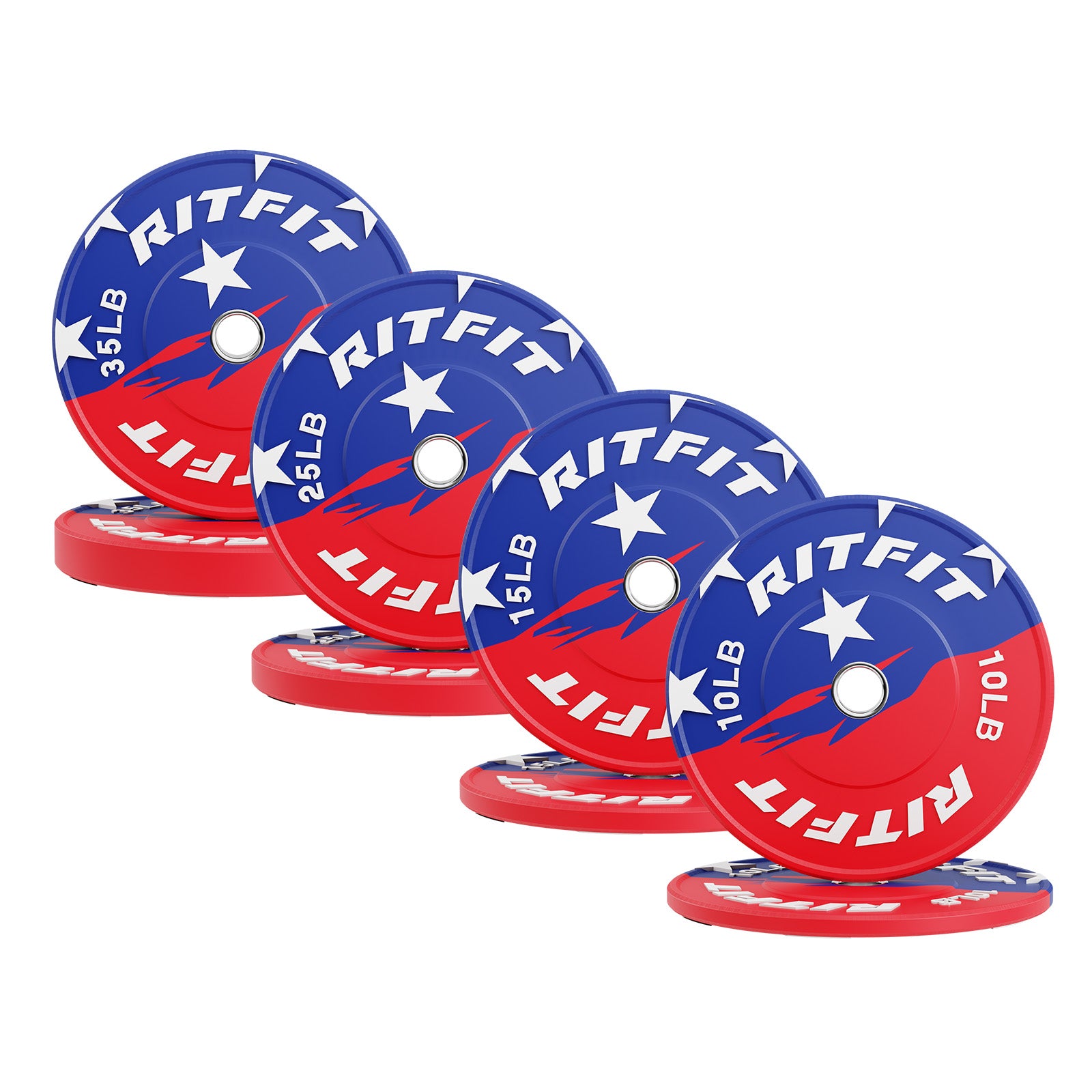 RitFit Patriotic color 2-inch bumper plates for weightlifting, featuring red, white, and blue patriotic design.