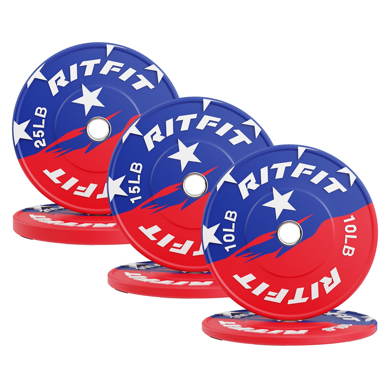 RitFit patriotic color 2-inch bumper weight plates for strength training, featuring red, white, and blue design.