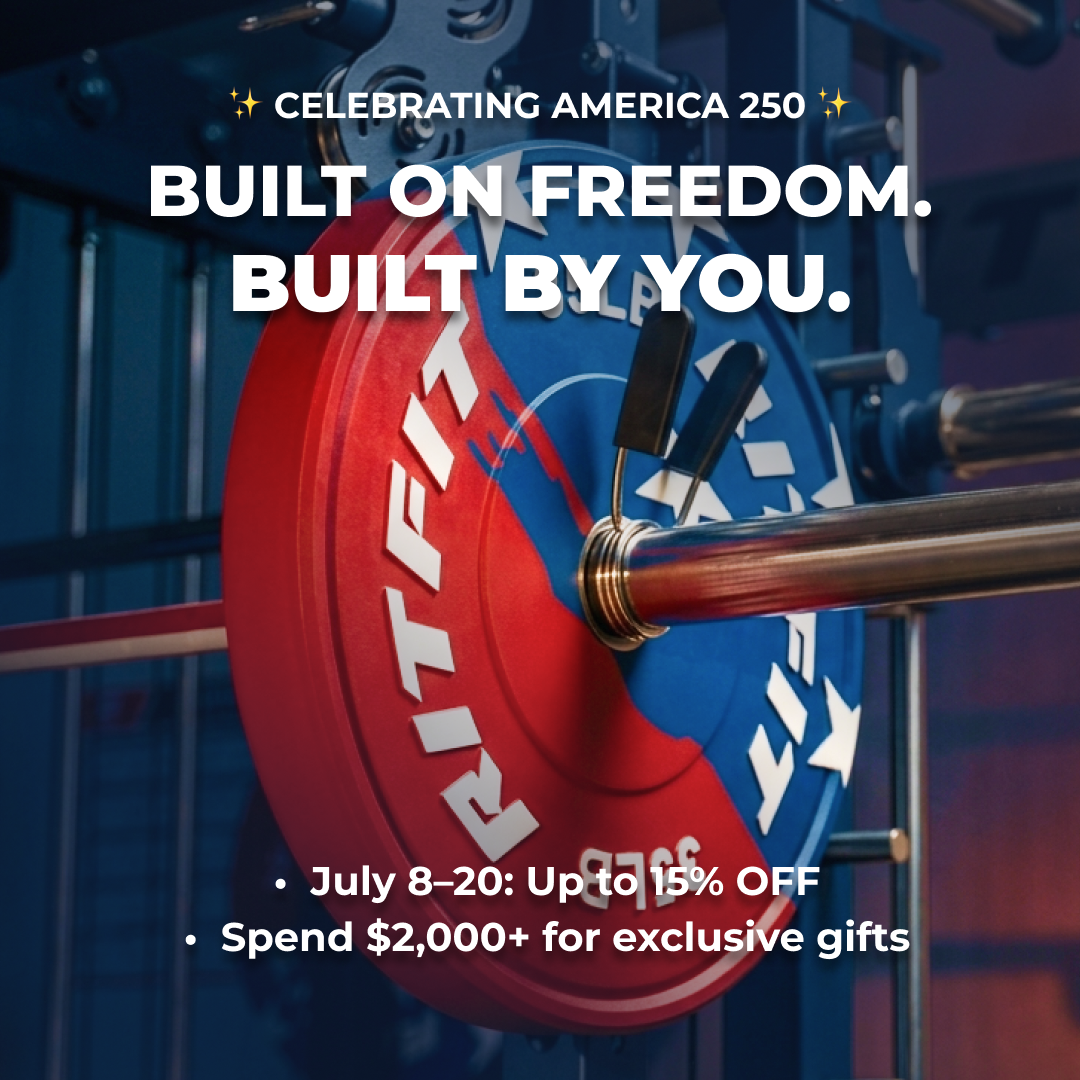 Red and blue RitFit weight plate on a barbell with sale text