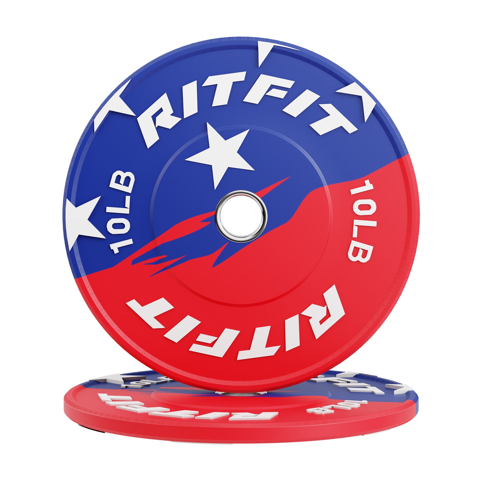RitFit patriotic red, white, and blue bumper weight plates, 10LB, with American flag design, for 2-inch weightlifting barbell.