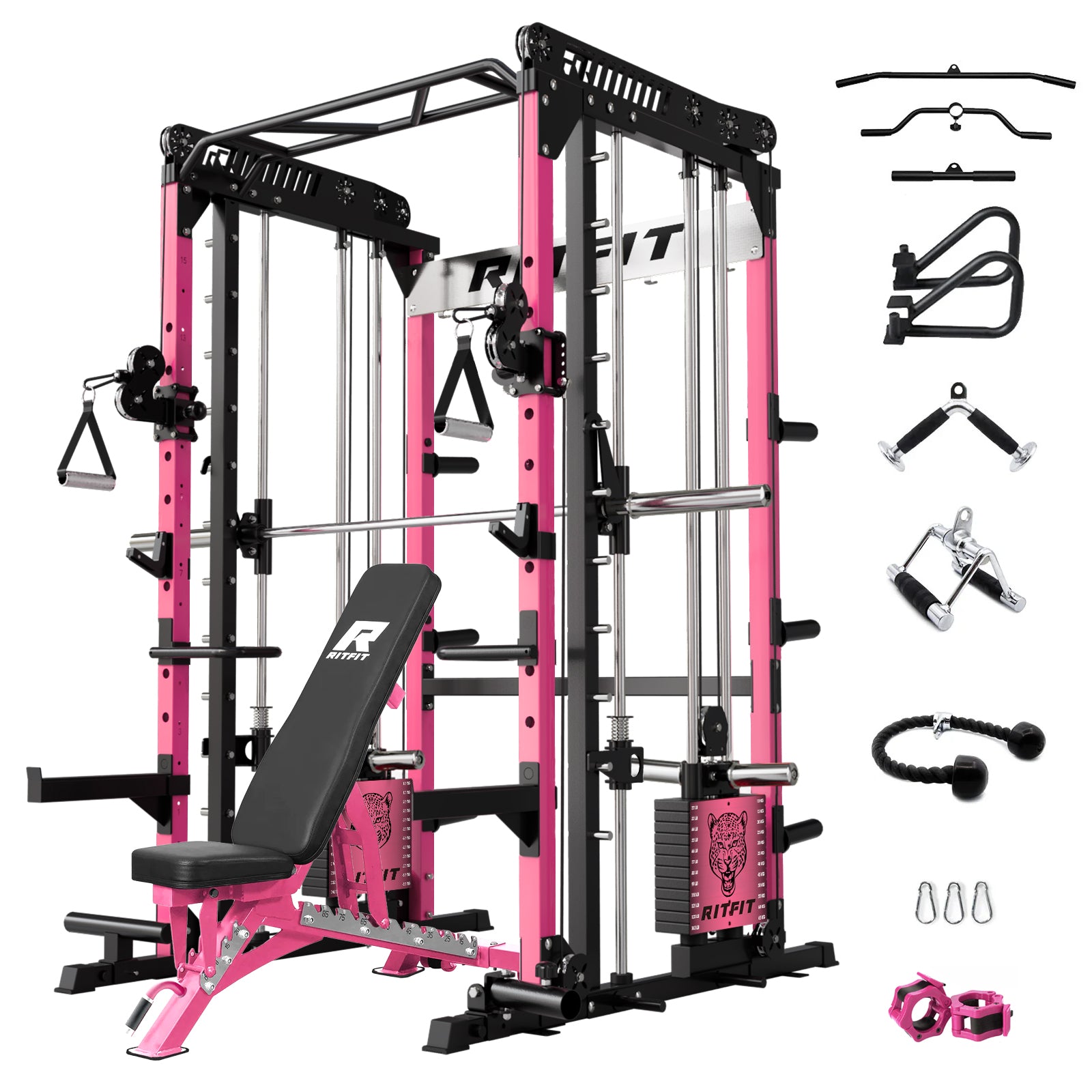 RitFit Pink M1 PRO Multi-Functional Smith Machine home gym package with weight plates, bars, and fitness accessories.