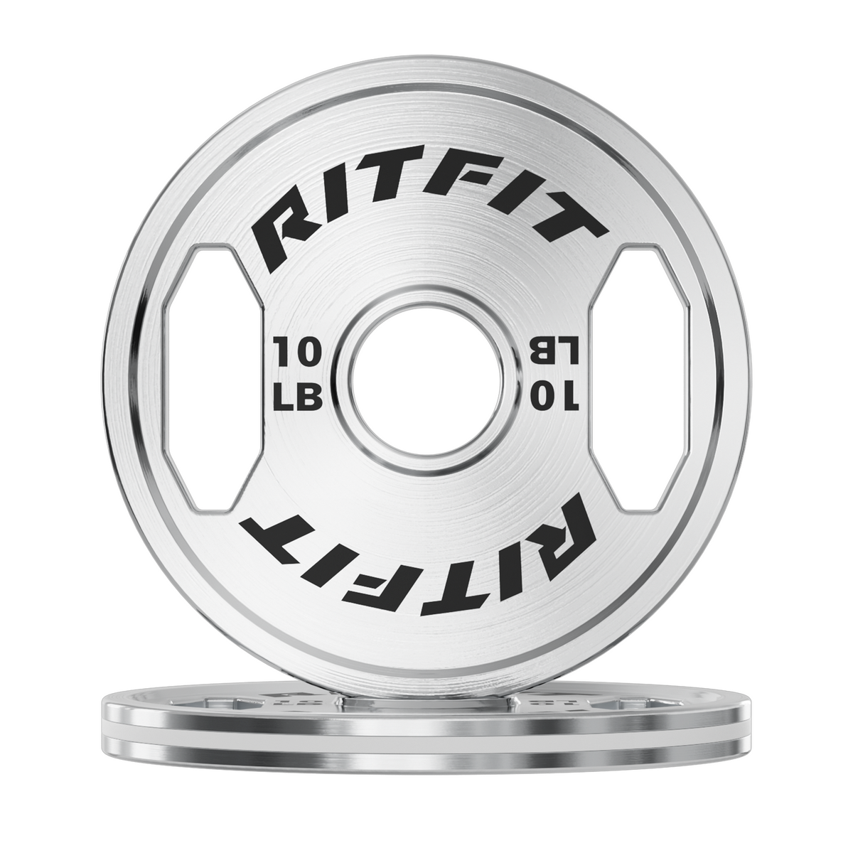 RitFit chrome steel bumper plates stacked showing silver 10 lb weight