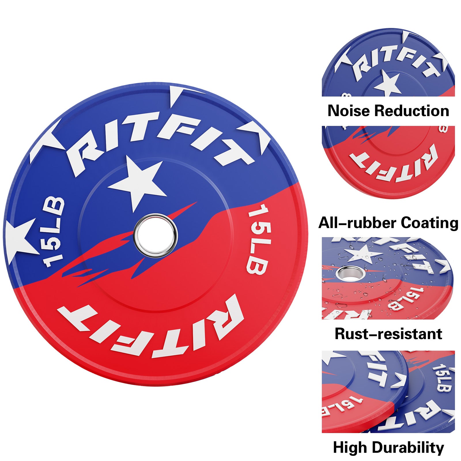 RitFit Patriotic Color 2-inch bumper weight plates with red, white, and blue design for strength training and weightlifting.