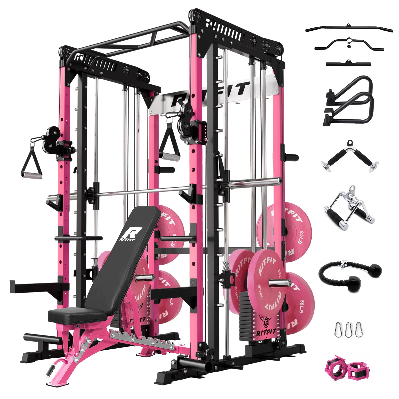 RitFit Pink M1 PRO Multi-Functional Smith Machine home gym package with weights and workout accessories in a spacious gym setting.