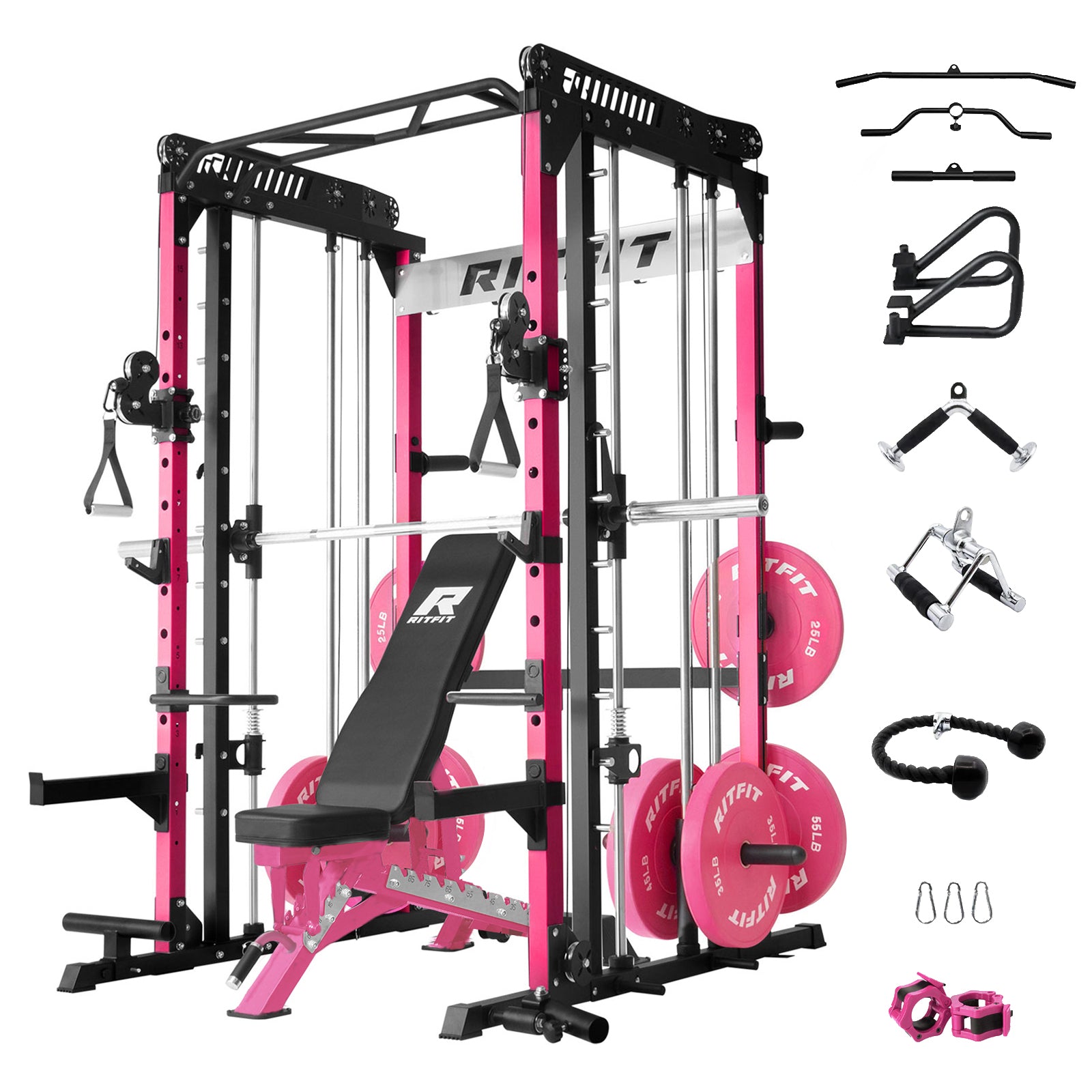 RitFit Pink M1 PRO Multi-Functional Smith Machine home gym package with weight plates, barbell, and workout accessories.