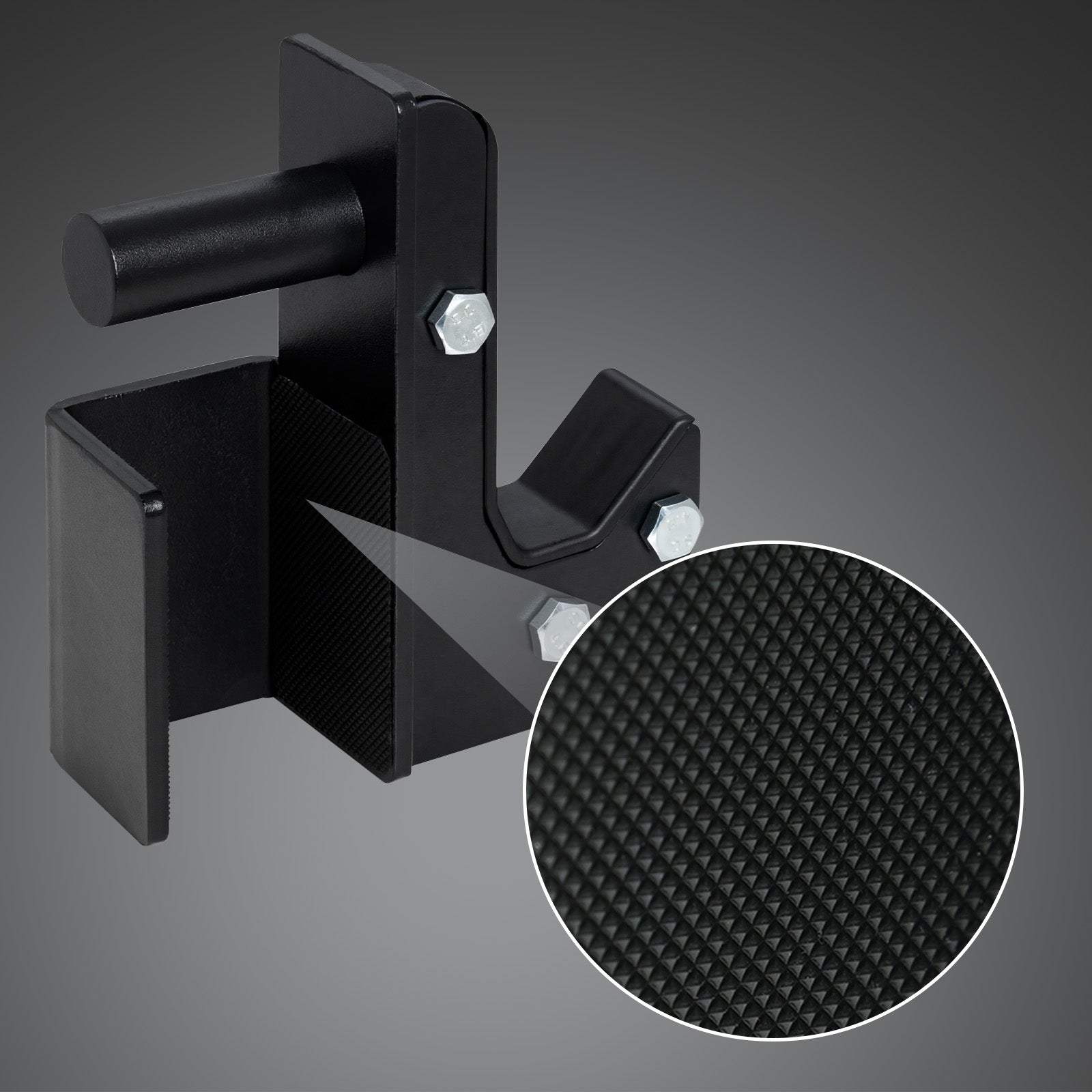 RitFit upgraded sandwich J-hooks for 2x2 racks, sturdy metal attachment for gym or storage racks, black finish, mounted on rack.