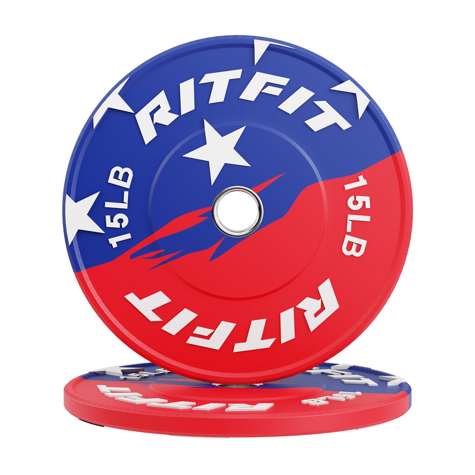 RitFit Patriotic Color 2-inch bumper weight plates stacked for weightlifting, featuring red, white, and blue patriotic design.