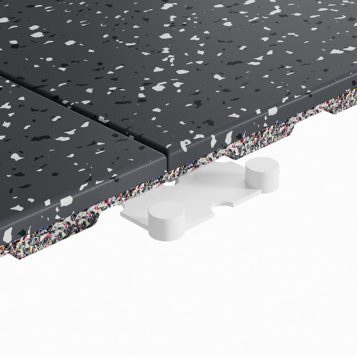 Black speckled RitFit Premium 0.8 inch interlocking rubber gym floor tiles with white connector