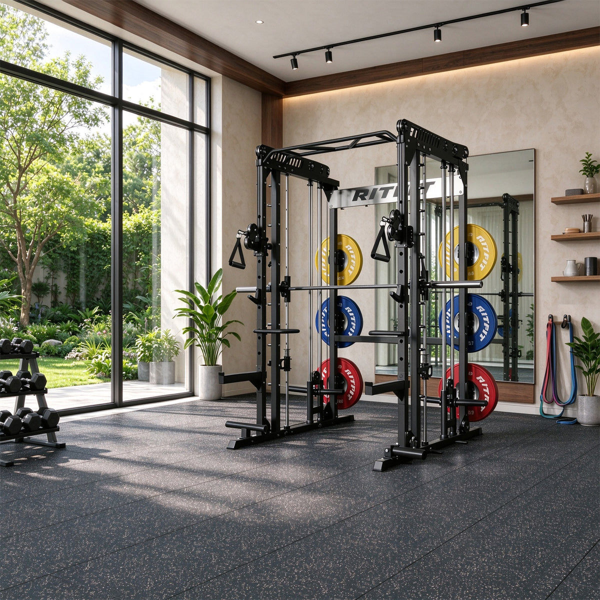 Black RitFit Premium 0.8 inch interlocking rubber gym floor tiles installed under weightlifting equipment