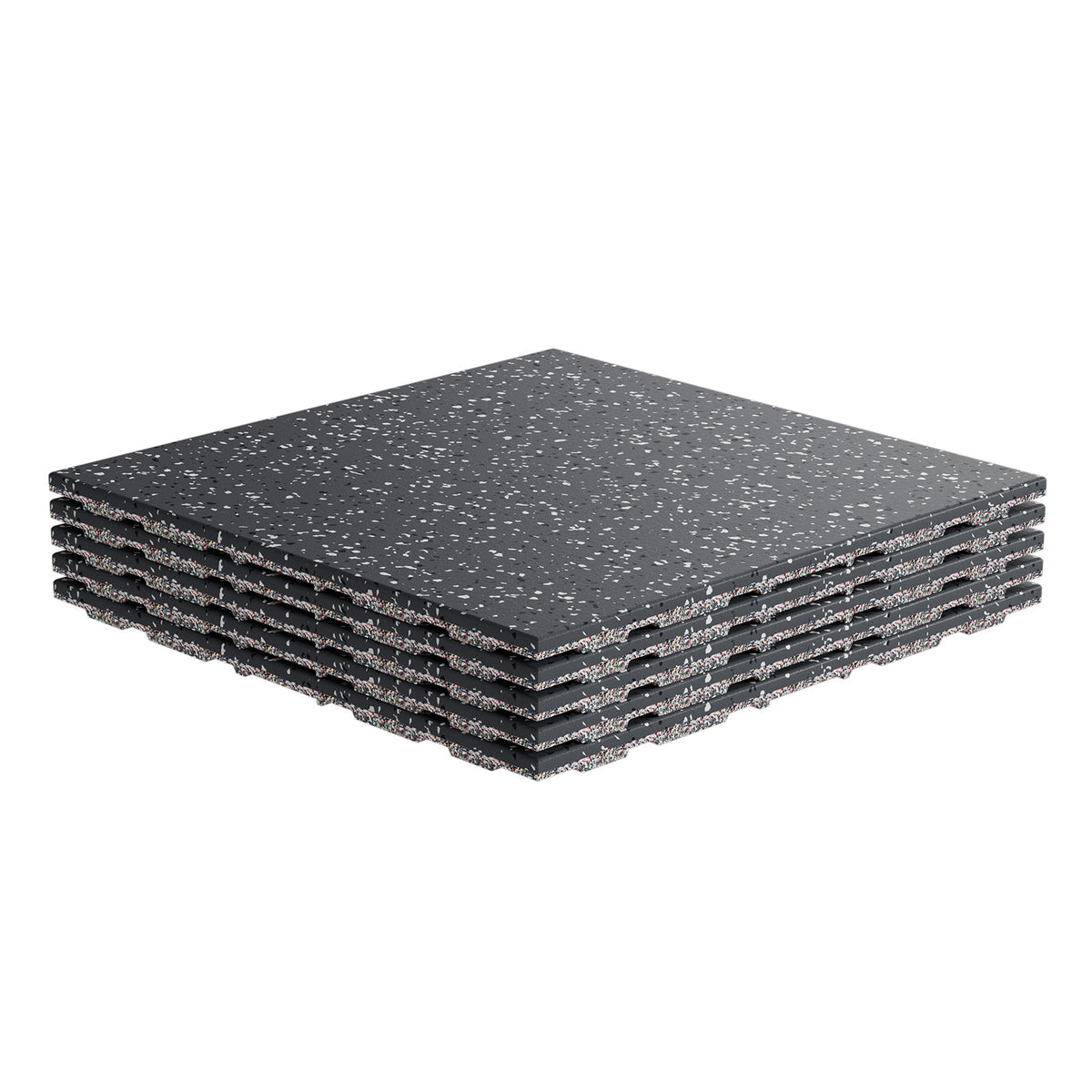 Stack of black speckled RitFit Premium 0.8 inch interlocking rubber gym floor tiles