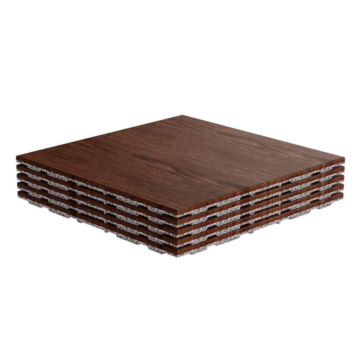 Stack of dark wood grain RitFit Premium 0.8 inch interlocking rubber gym floor tiles with puzzle edges