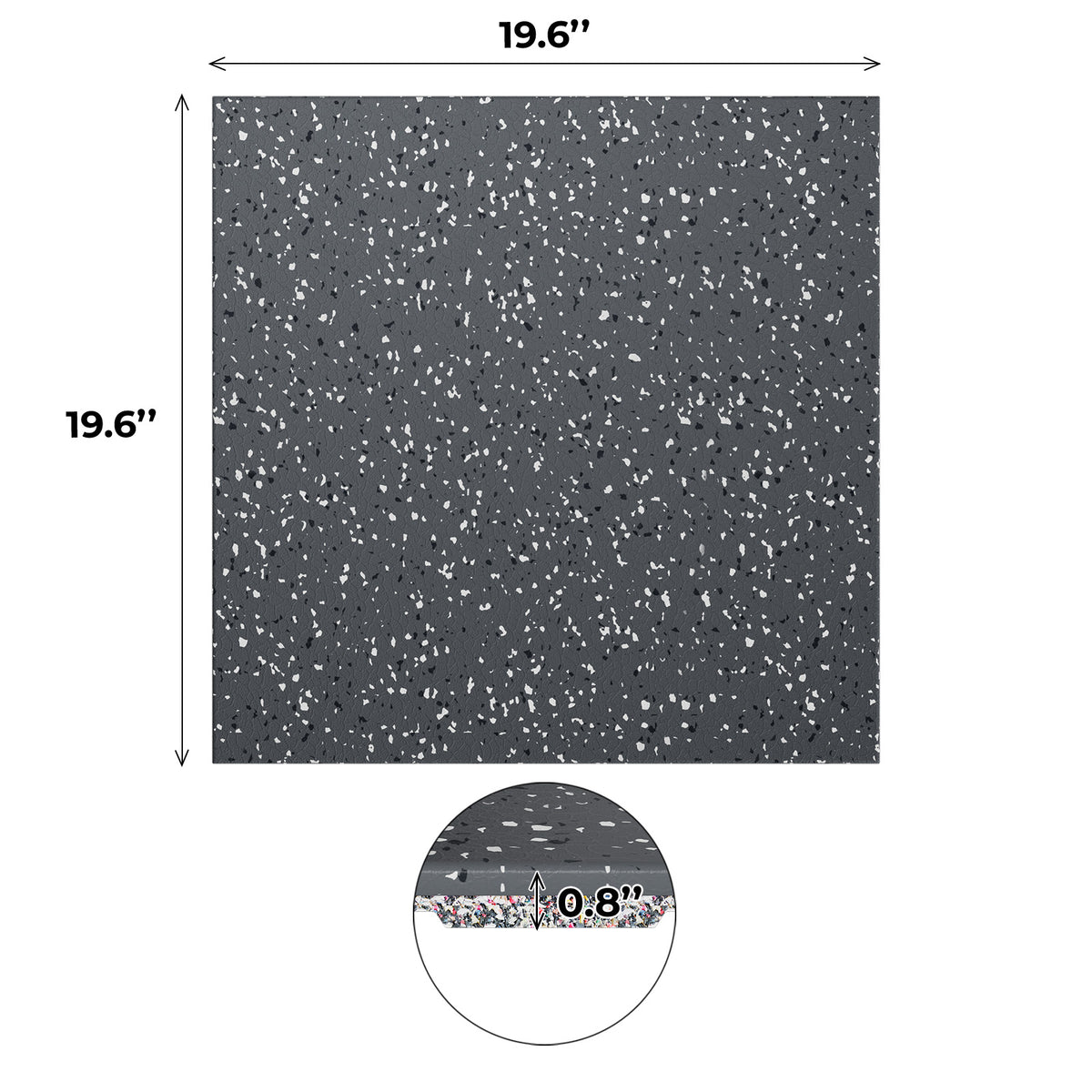 RitFit Premium 0.8 inch interlocking rubber gym floor tiles speckled gray square with dimensions