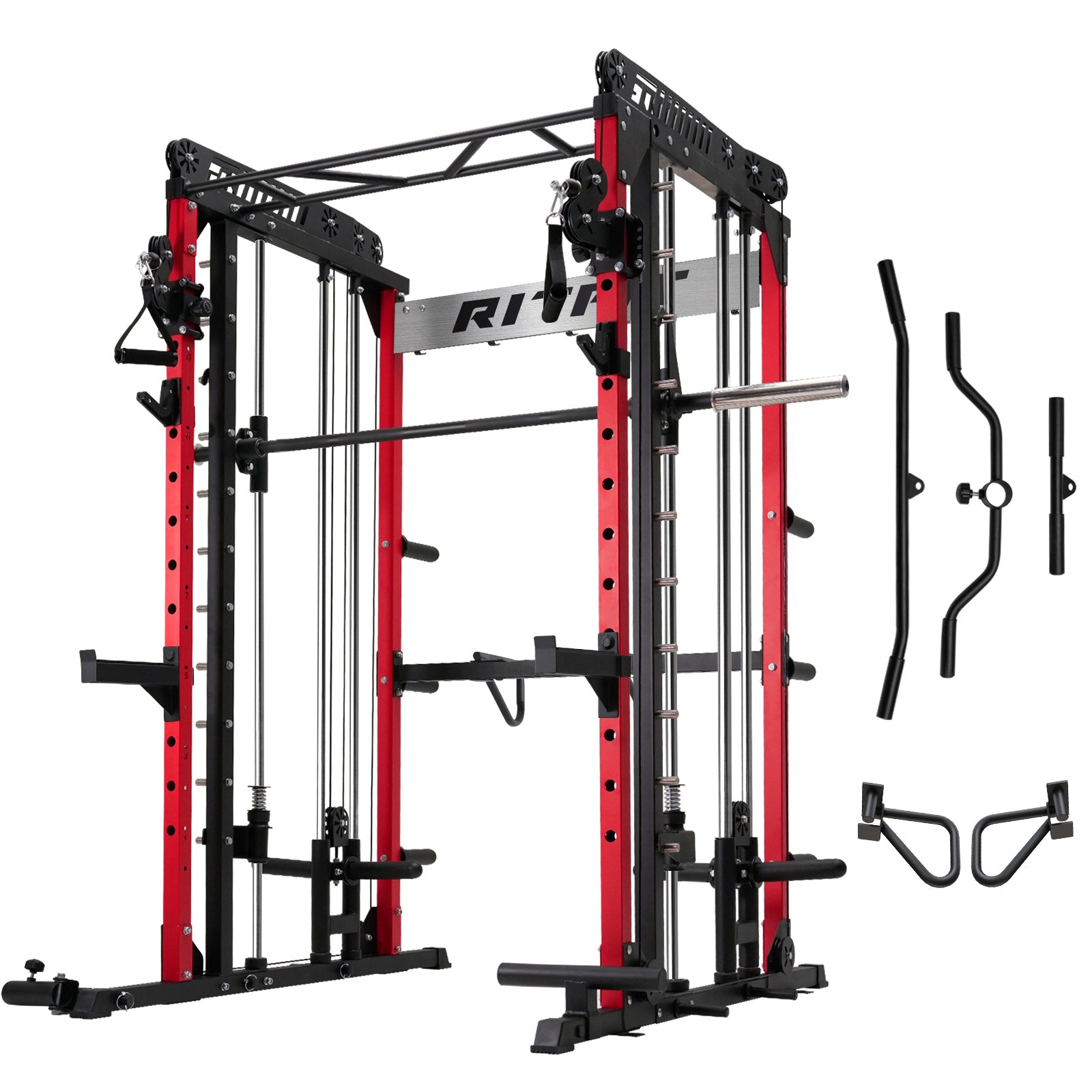 RitFit M1 Smith Machine with Cable Crossover System in a home gym setting, featuring sturdy rack and workout cables.