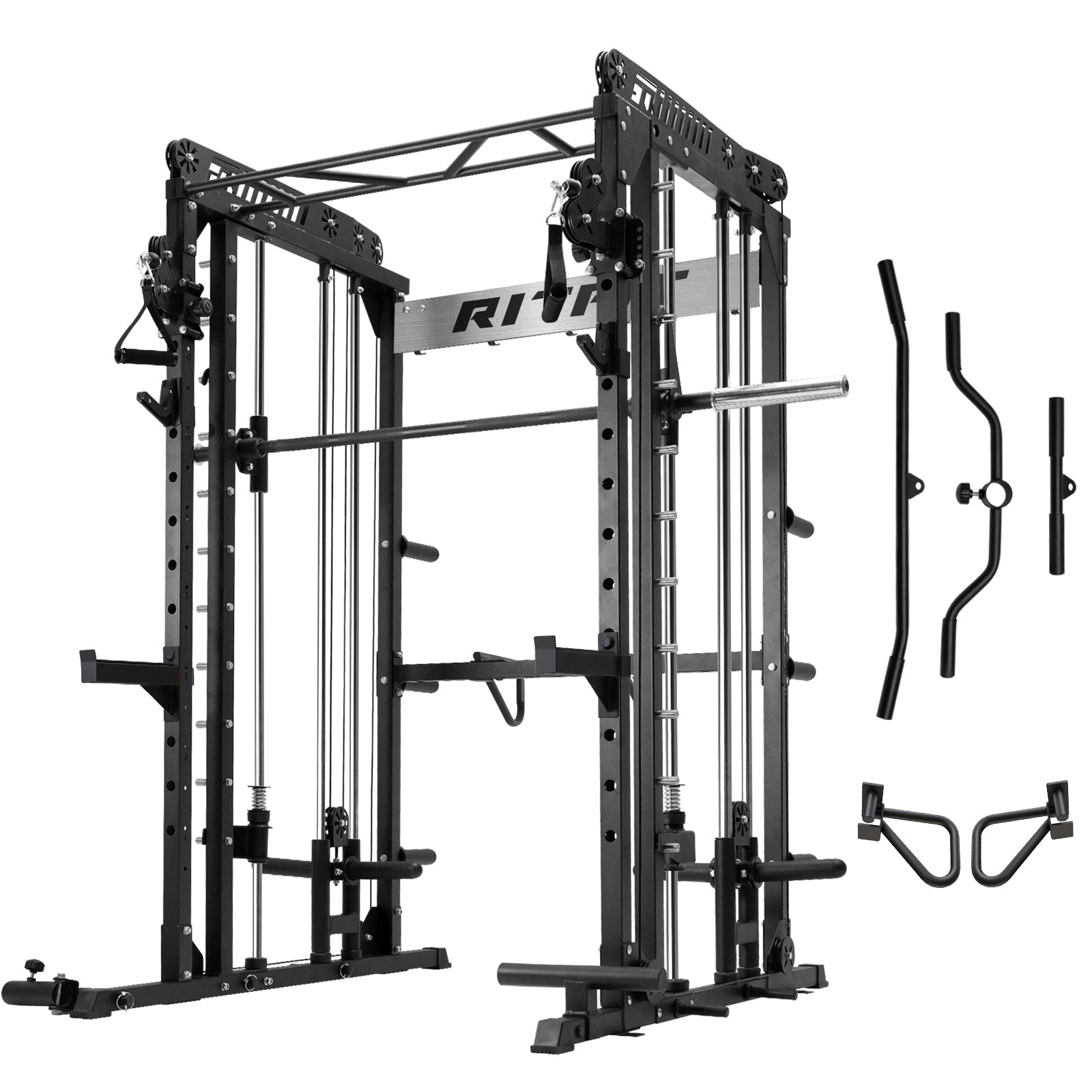 RitFit M1 Smith machine with cable crossover system for home gym, featuring sturdy rack, barbell, and cable attachments for strength training