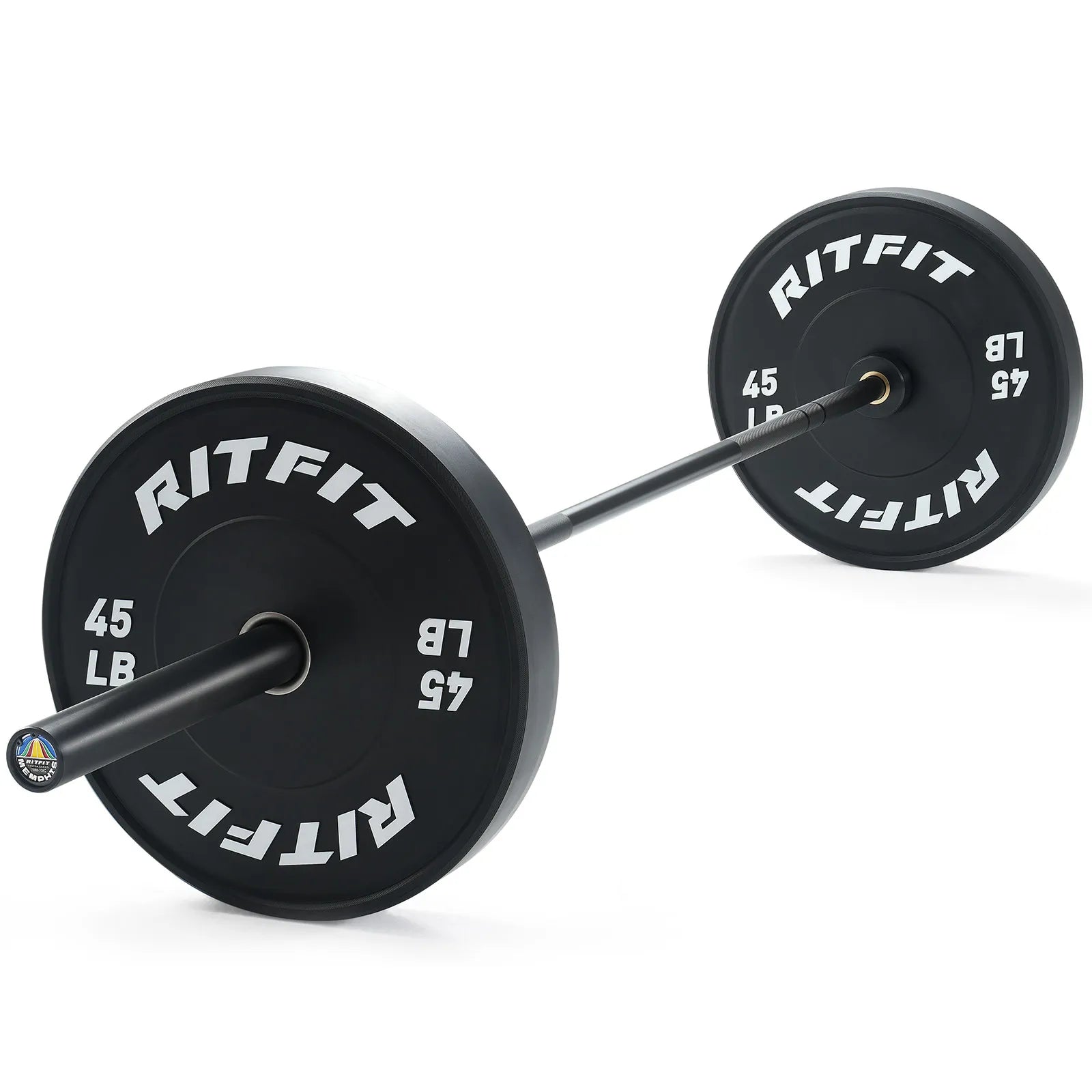 RitFit solid black Olympic barbell with 45 lb weight plates