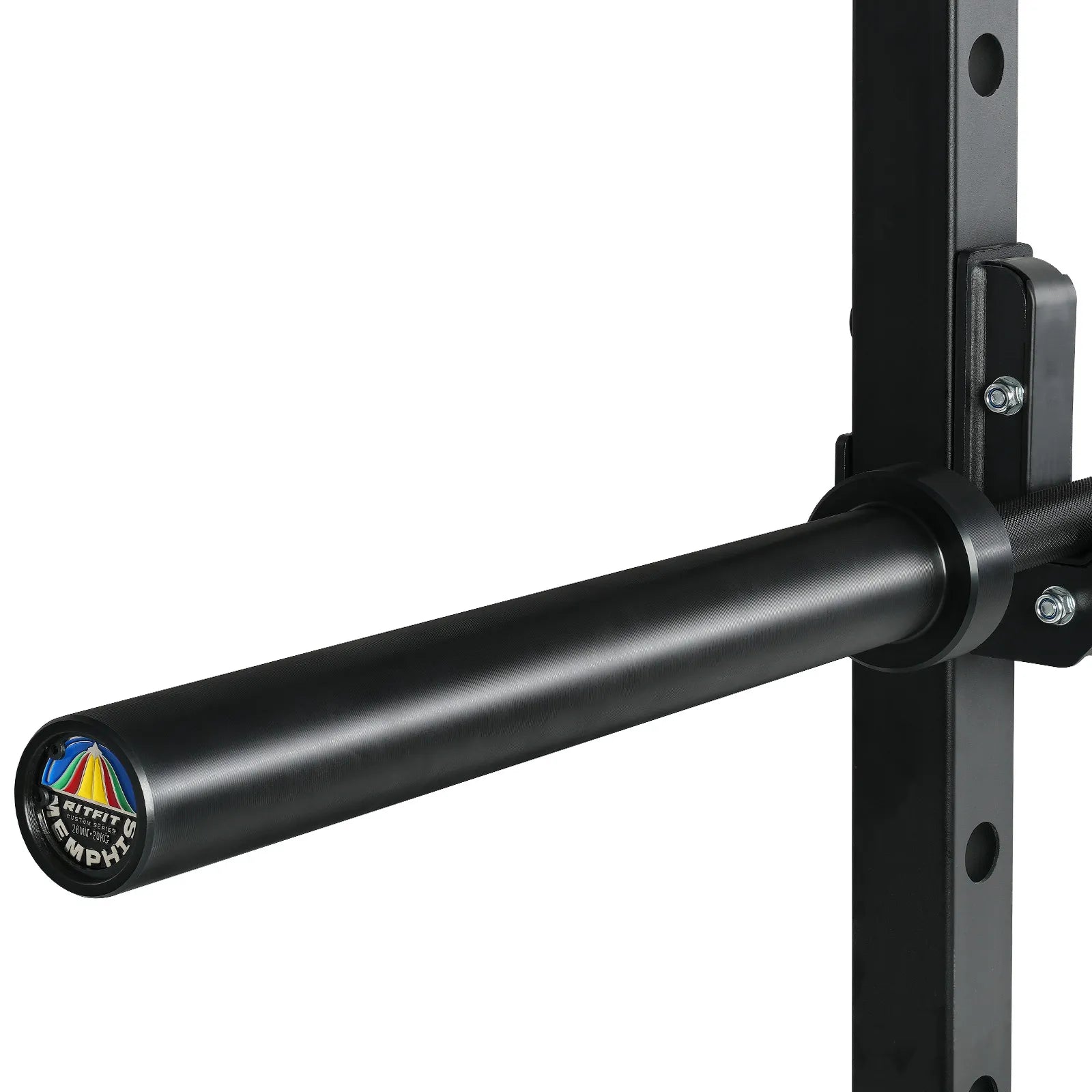 Solid black RitFit Olympic barbell attachment mounted on a gym rack