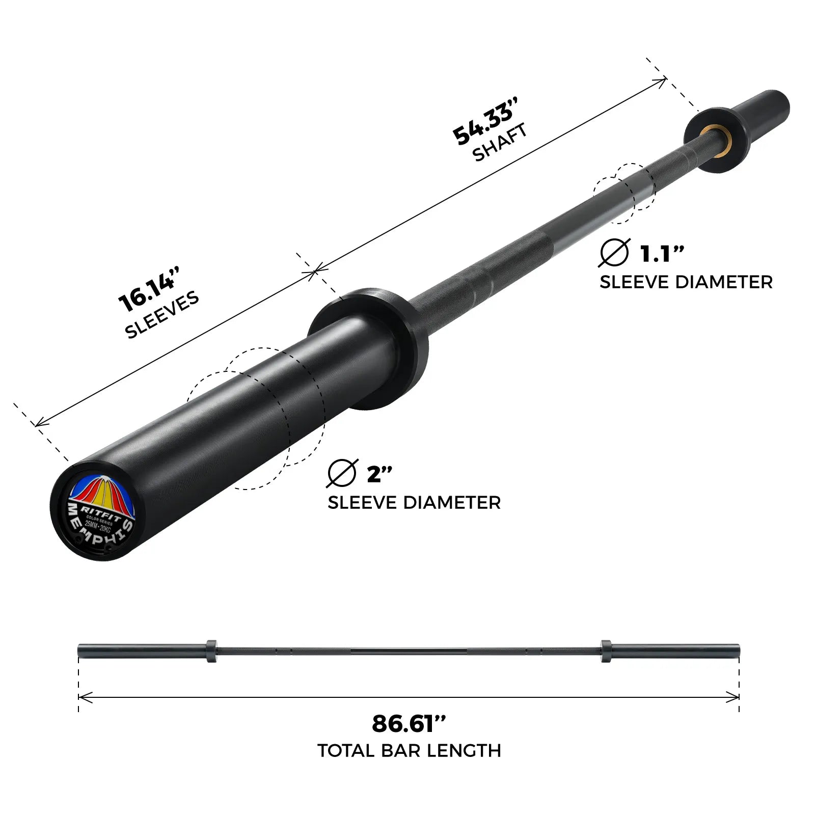 RitFit solidblack Olympic barbell with shaft and sleeve dimension labels