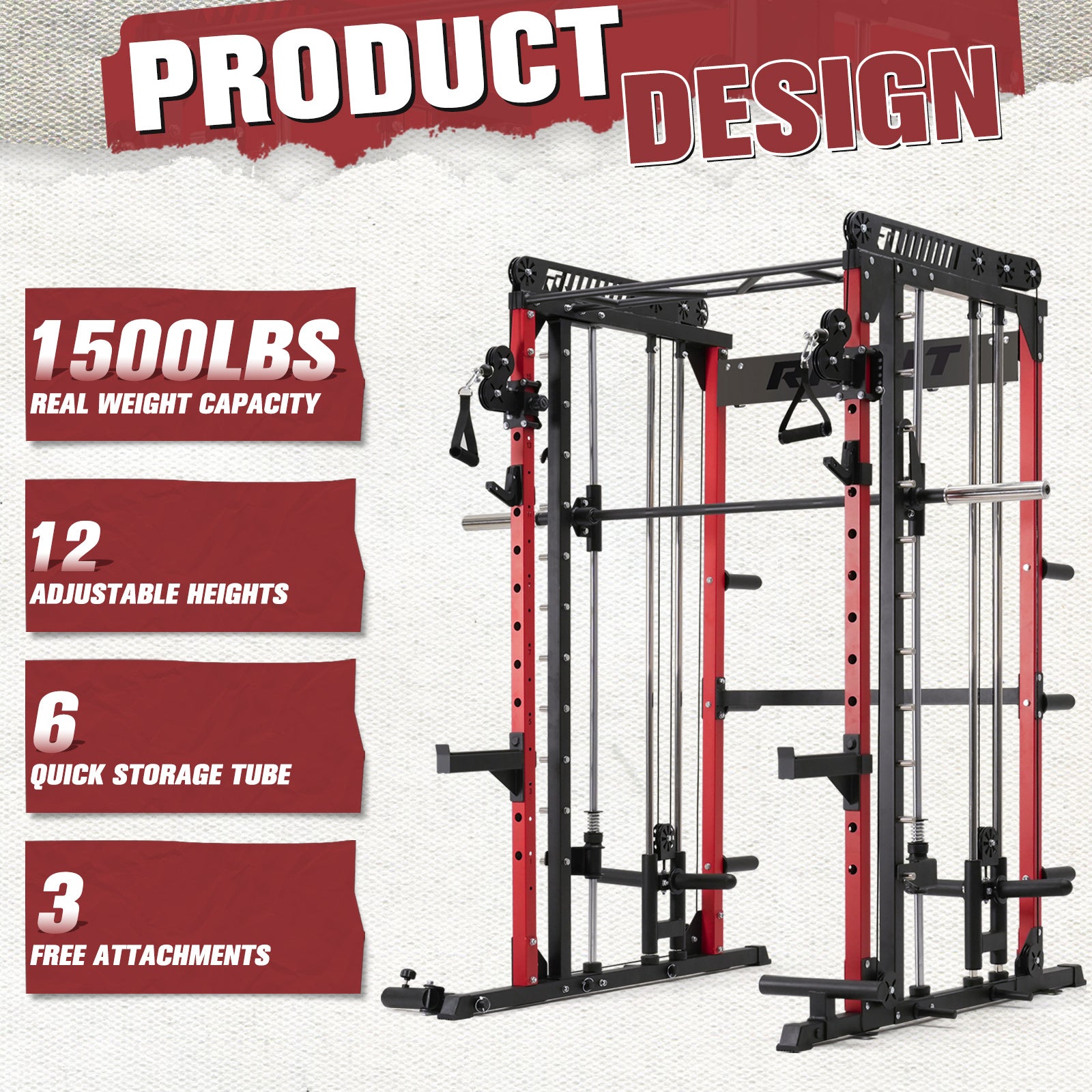 RitFit M1 Smith Machine with cable crossover system, sturdy home gym rack for strength training and resistance exercises.