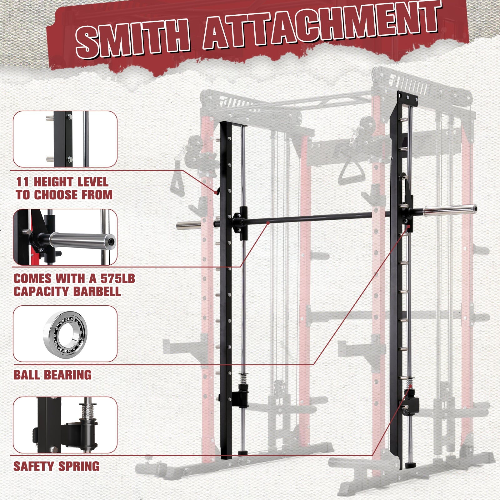 RitFit M1 Smith Machine with cable crossover system, home gym rack with barbell and pulley attachments for strength training.