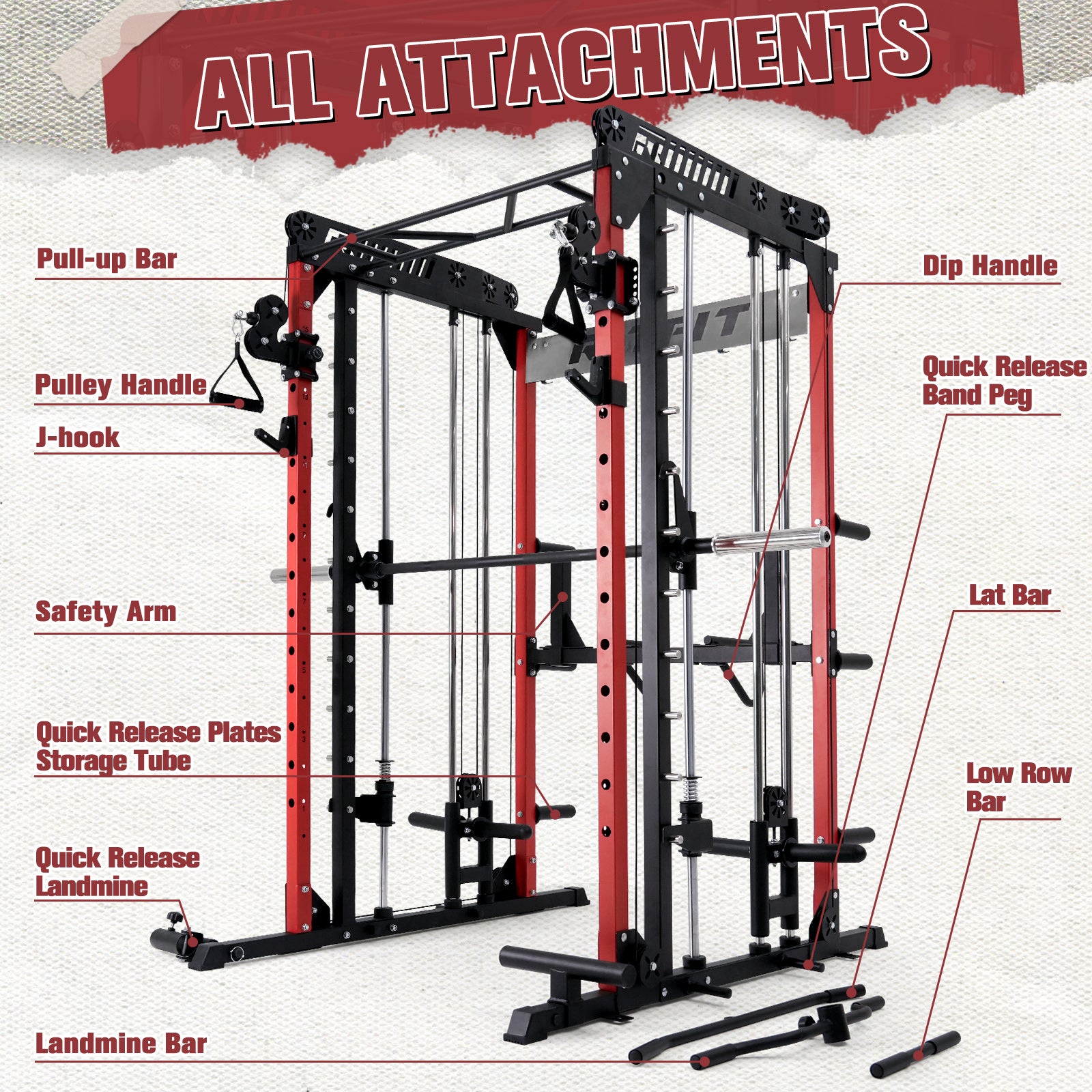 RitFit M1 Smith Machine with cable crossover system, sturdy home gym rack for weight training and resistance exercises.