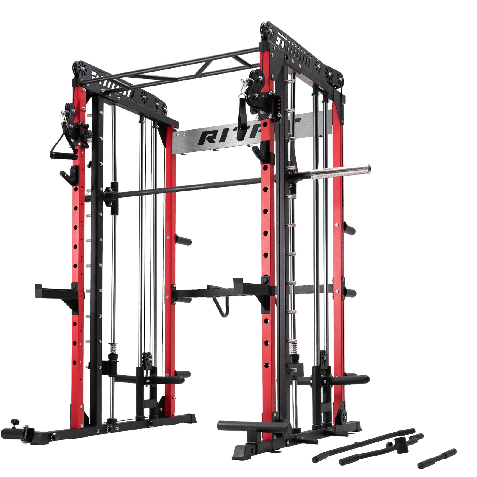 RitFit M1 Smith Machine with cable crossover system, sturdy home gym rack with adjustable pulleys and weight support.