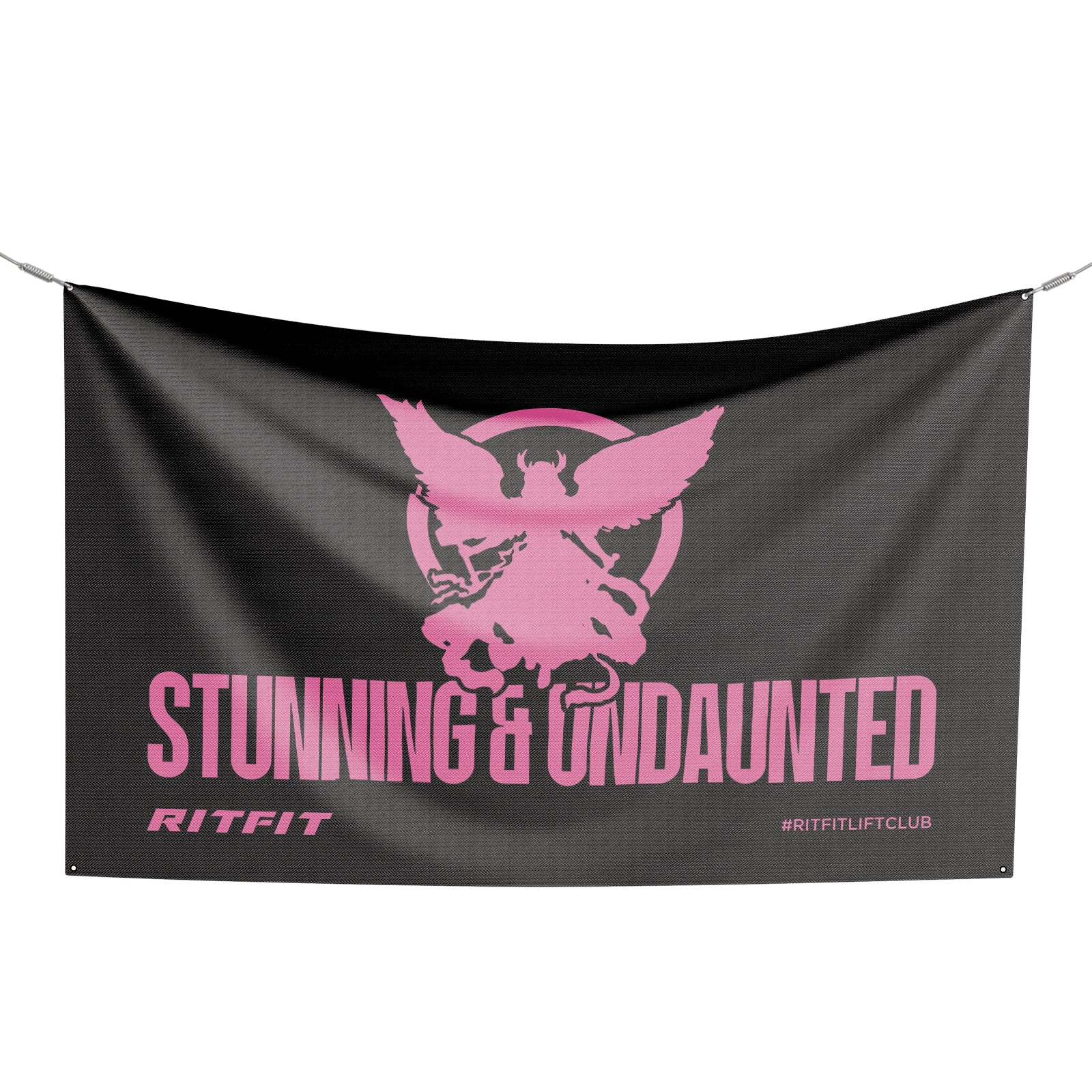 RitFit flag accessory with vibrant colors, displayed on a stand, showcasing its detailed design and high-quality fabric.