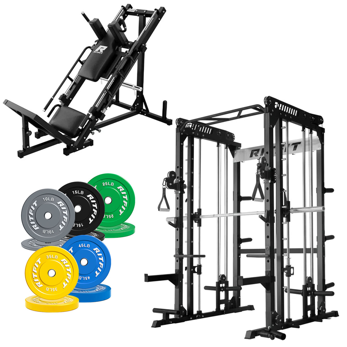 RitFit Pro Strength System package with black power rack, hack squat machine and colorful weight plates