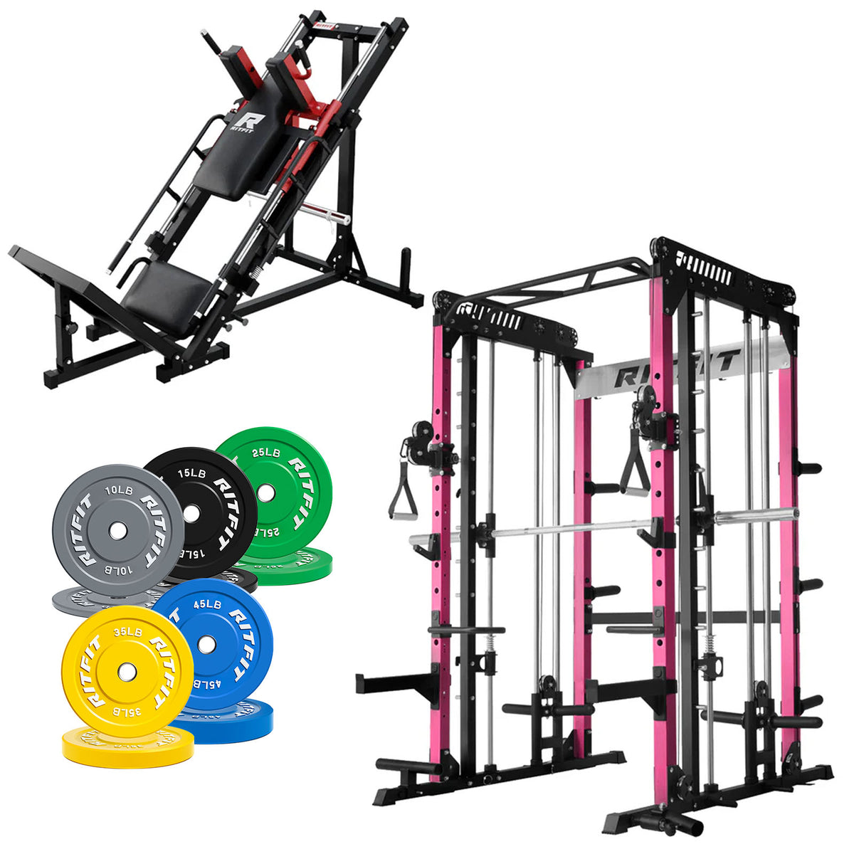 RitFit Pro Strength System package with pink power rack, hack squat machine and colorful weight plates