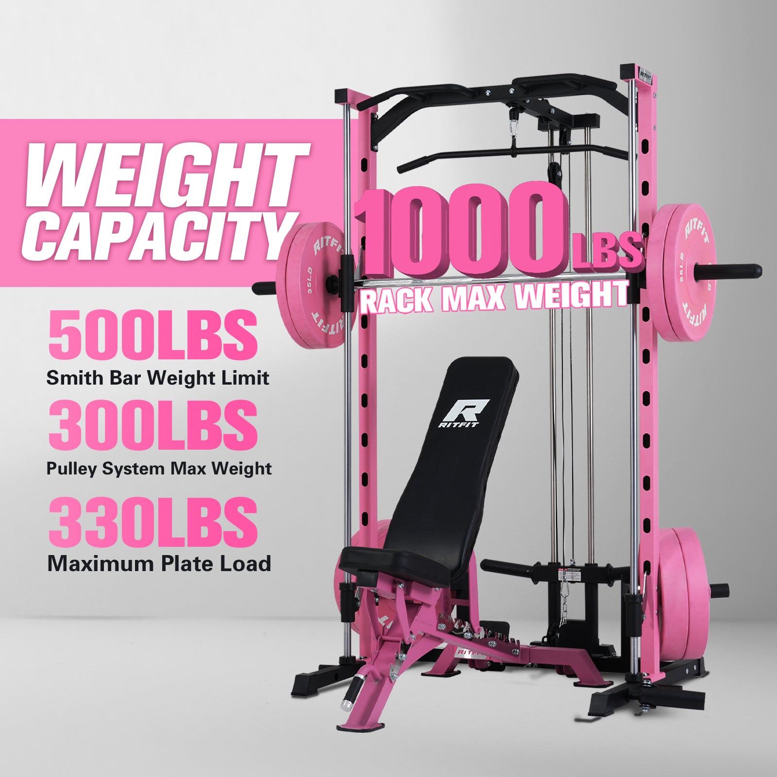 RitFit PSR05 2.0 Pink Smith Machine Package with LAT-Pull Down Attachments - RitFit