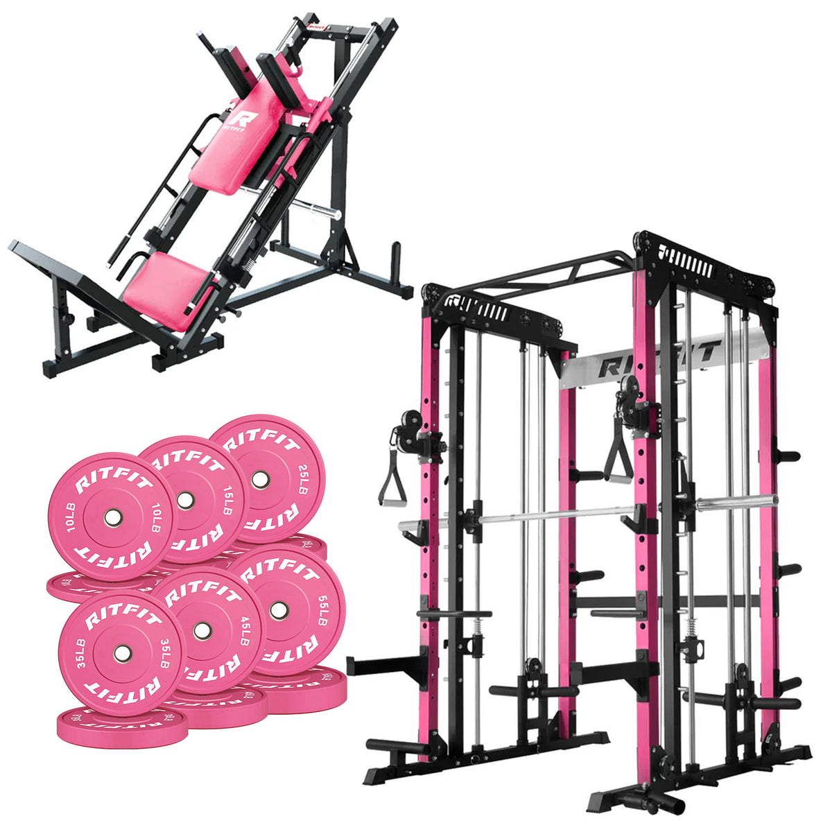RitFit Pro Strength System package with pink and black power rack, hack squat machine, and weight plates