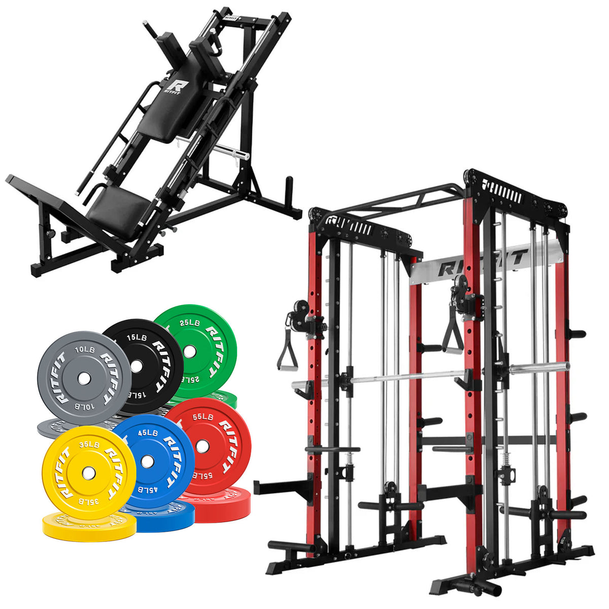 RitFit Pro Strength System with red power rack, leg press machine and colorful bumper plates