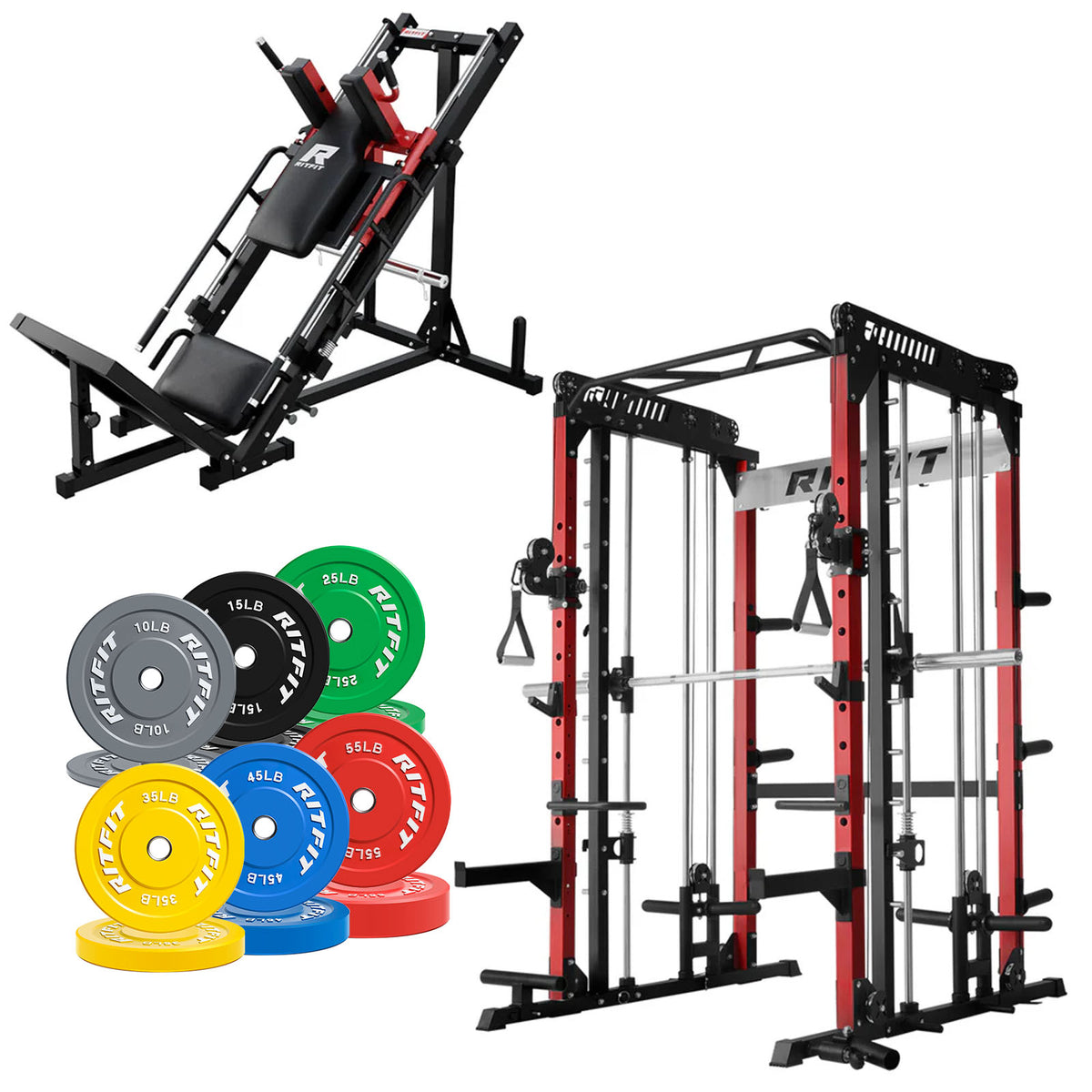 RitFit Pro Strength System with power rack, hack squat machine and colorful weight plates