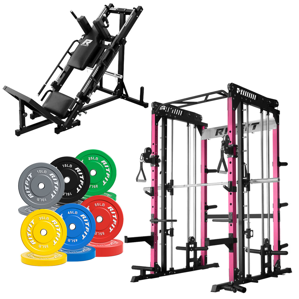 RitFit Pro Strength System with pink power rack, leg press machine and colorful weight plates