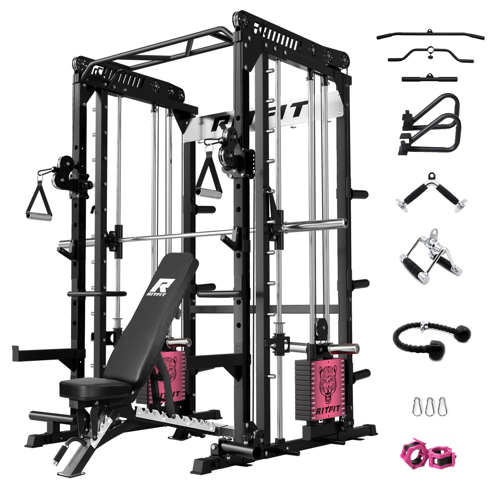 RitFit Pink M1 PRO multi-functional Smith machine home gym package with weight plates and workout accessories in a gym setting