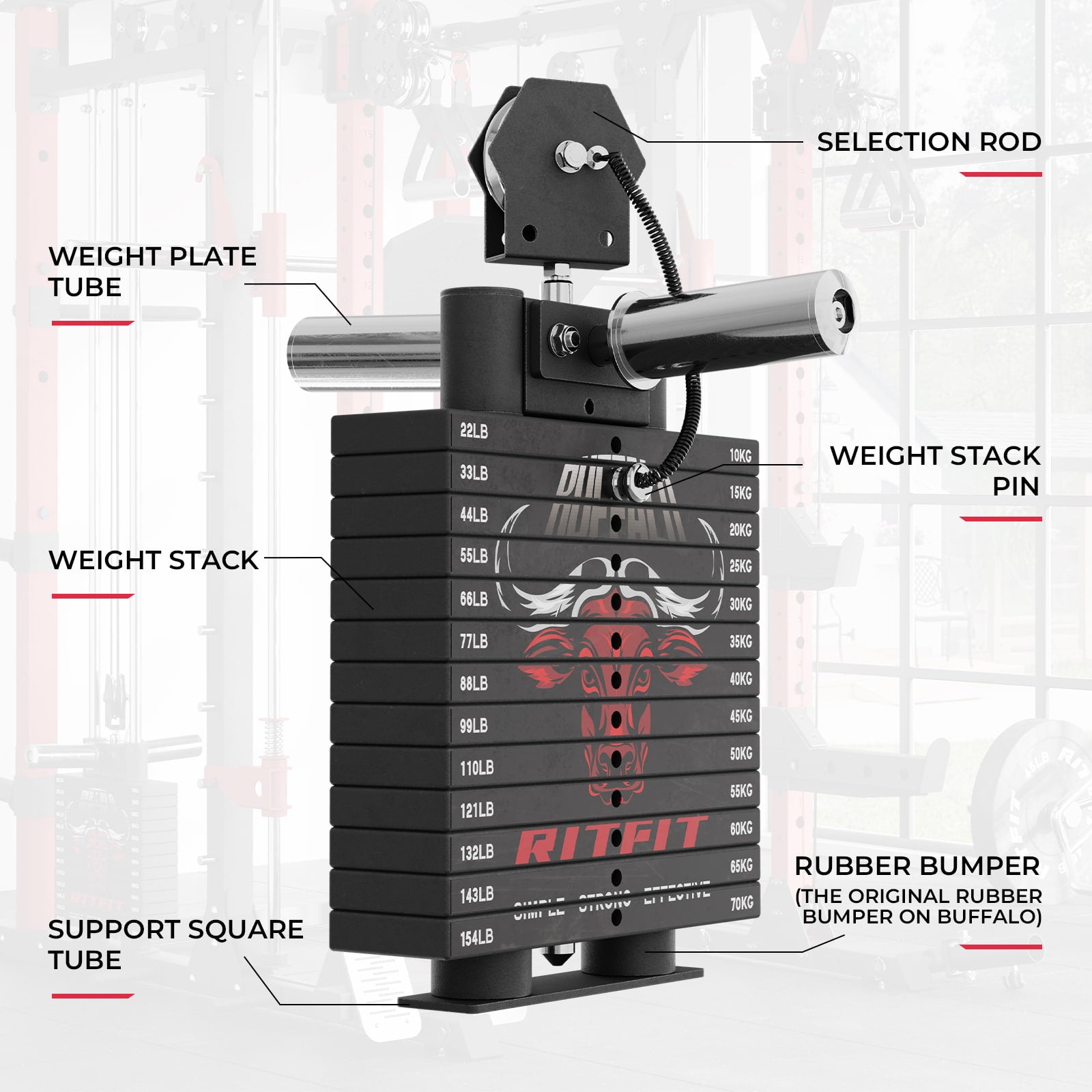 RitFit WSBFL weight stack set for Buffalo with 286lbs capacity, attachment for strength training and fitness workouts.