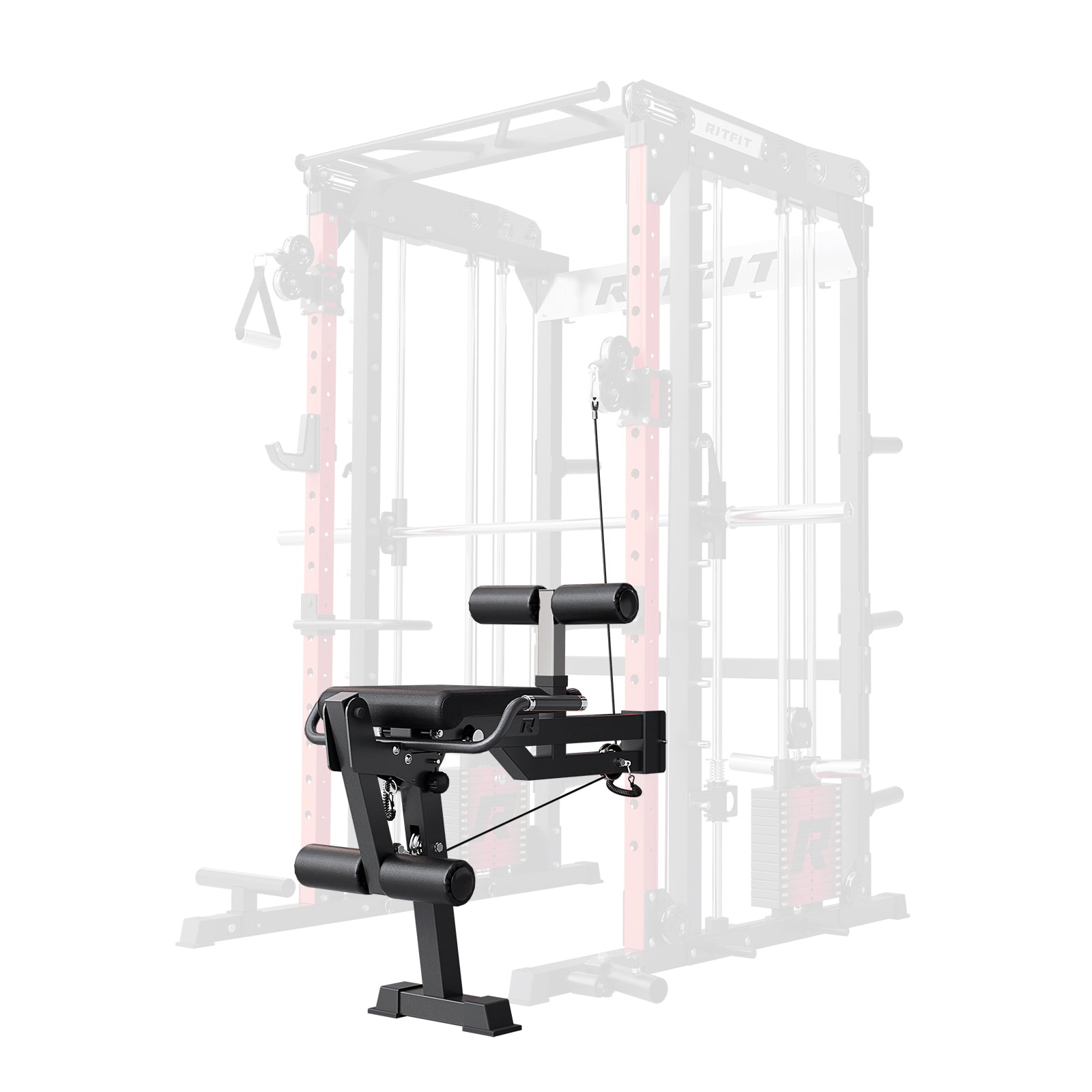 RitFit LEM2 Leg Extension Rack attachment for M2, showcasing the sturdy metal frame and padding for leg workout support.